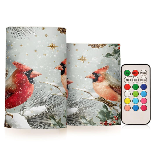 ALAZA Cardinals Perched Berry Flameless Candles Flickering LED Candles with Remote Timer Battery Operated Pillar Candles Set of 2 for Dinner Holiday Decor