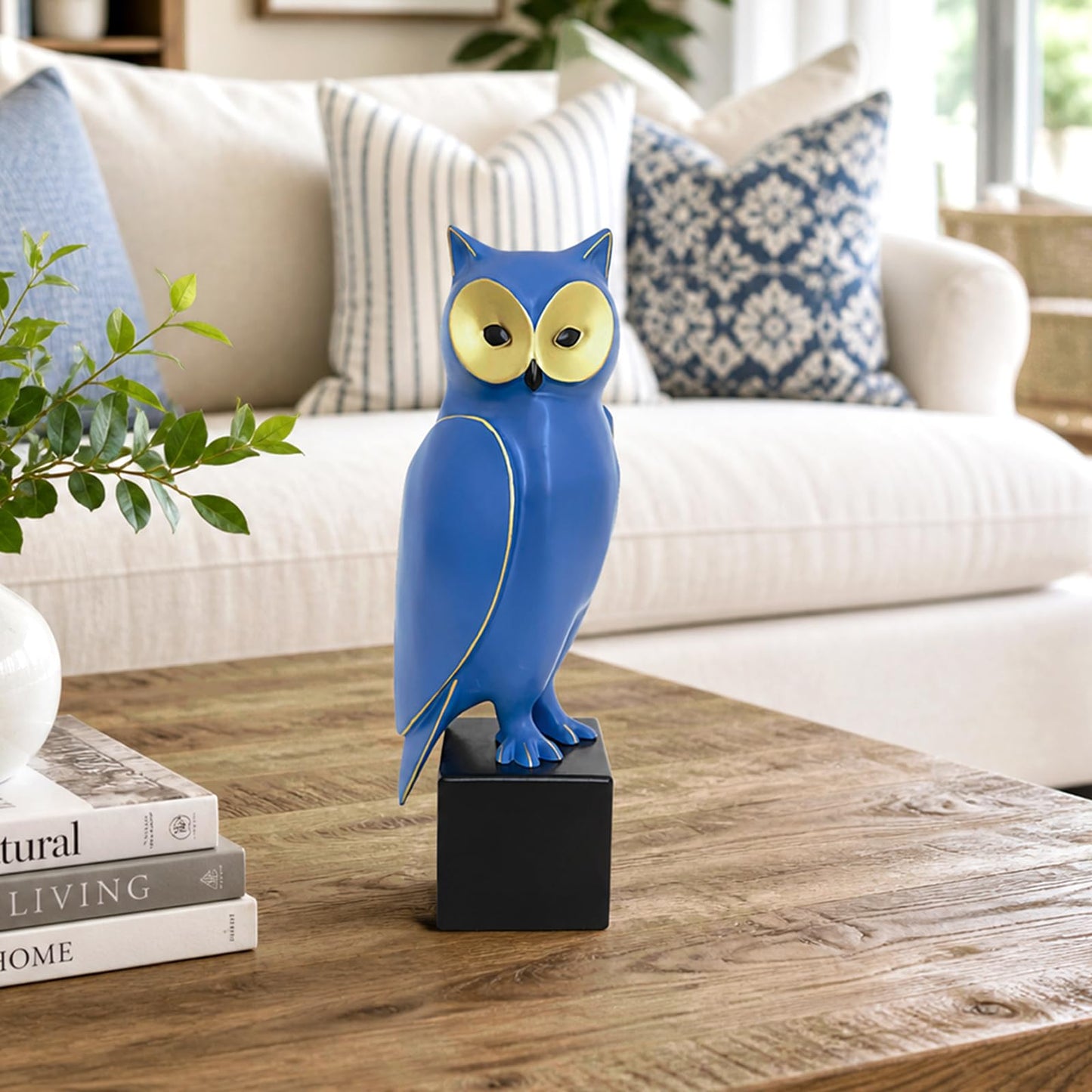 Royal Blue Resin Owl Statue – Mid-Century Modern Owl Sculpture – Retro-Style Abstract Art Home Decor – Freestanding Ornament for Living Room, Bookshelf, or Mantel – 15.7-Inch Resin Owl Sculpture