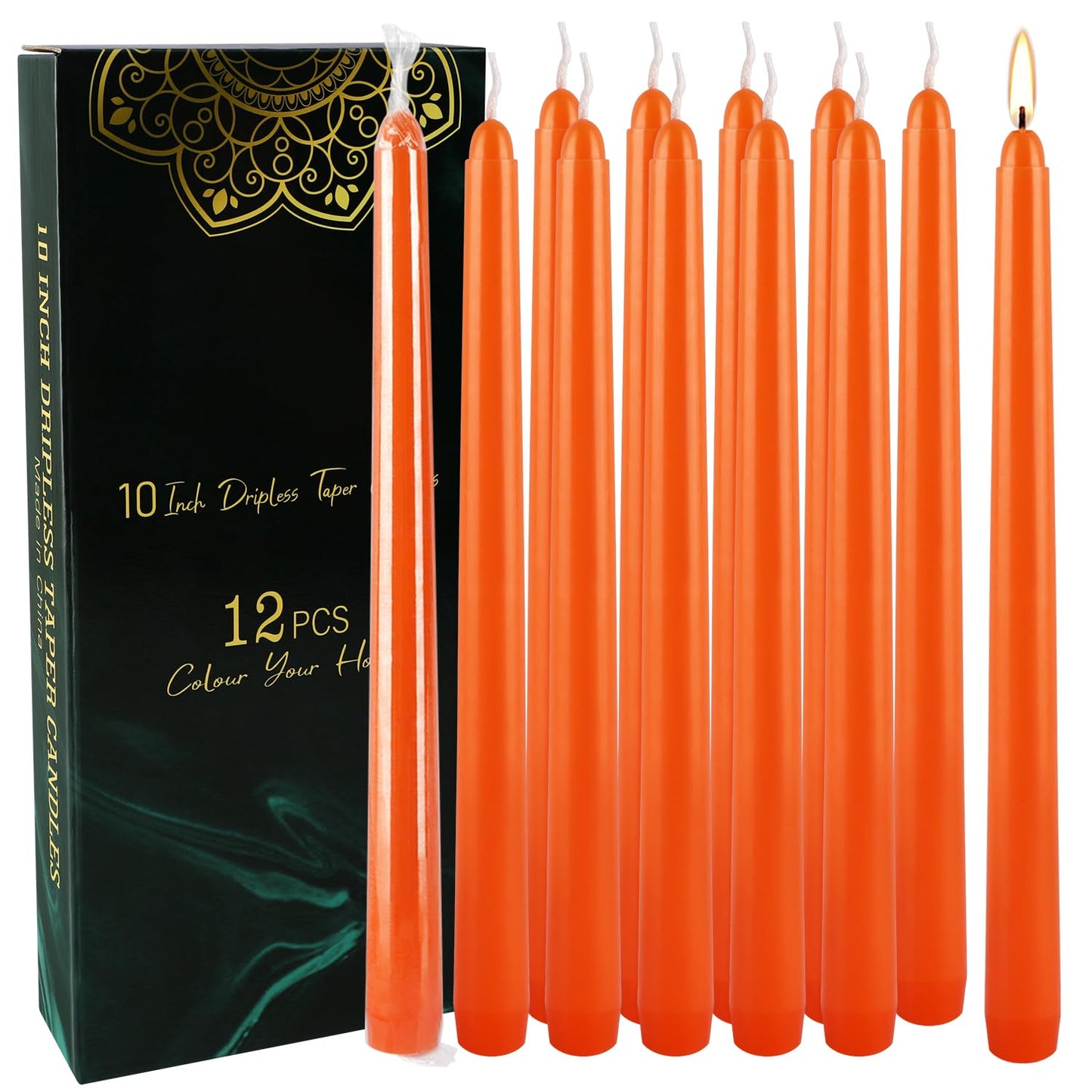 12-Pack 10-Inch Orange Taper Candles - Cotton Core, Clean Burning unscented, Drip-Free & Smokeless, Elegant Conical Design for Halloween, Weddings & Family Celebrations