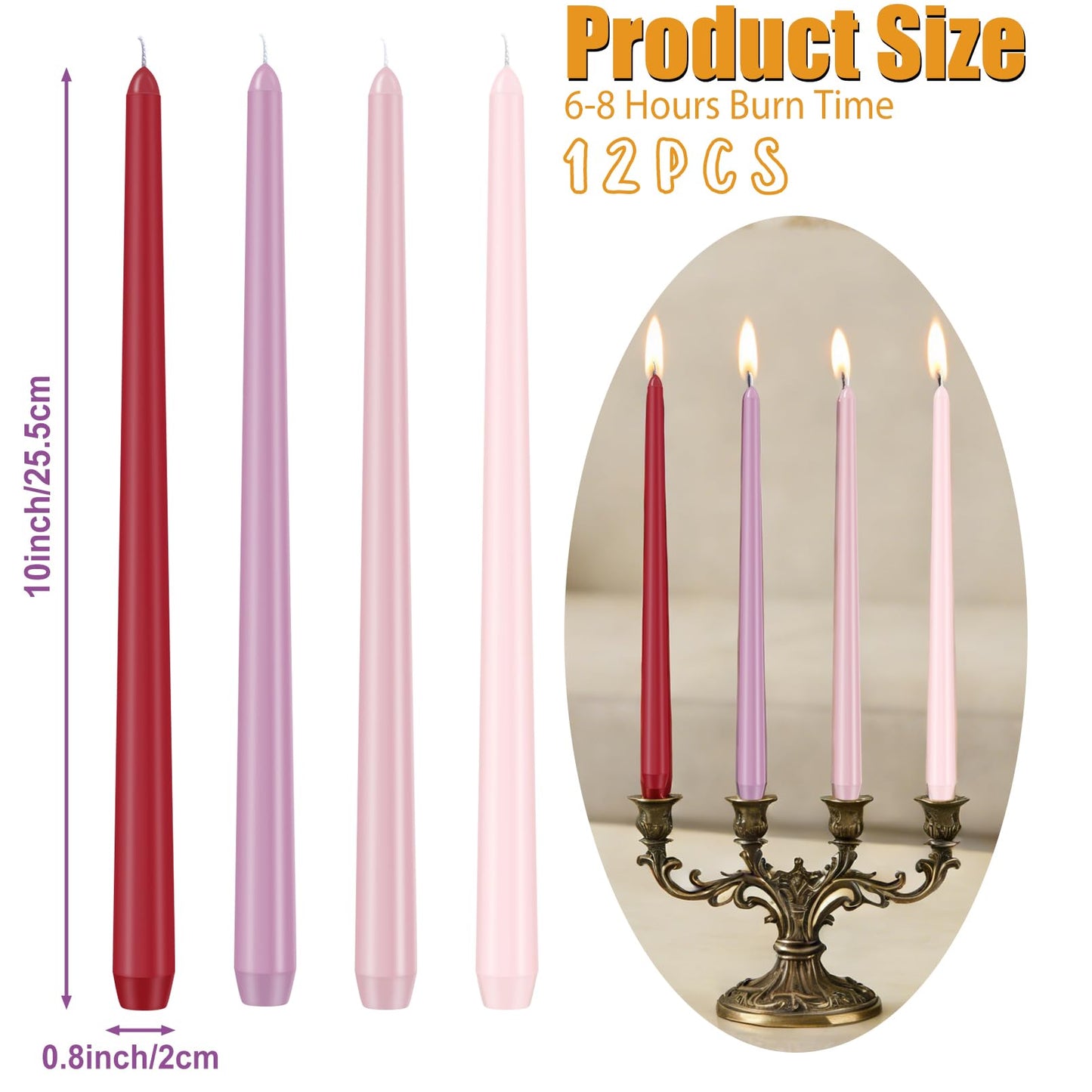 PUREZON 12 Pack Pink Taper Candles, 10 inch Unscented Candlesticks, Smokeless, Dripless, Long Tall Tapered Candles, for Wedding, Dinner, Party, Home Decor, 8 Hour Burn Time (Gradient Pink)