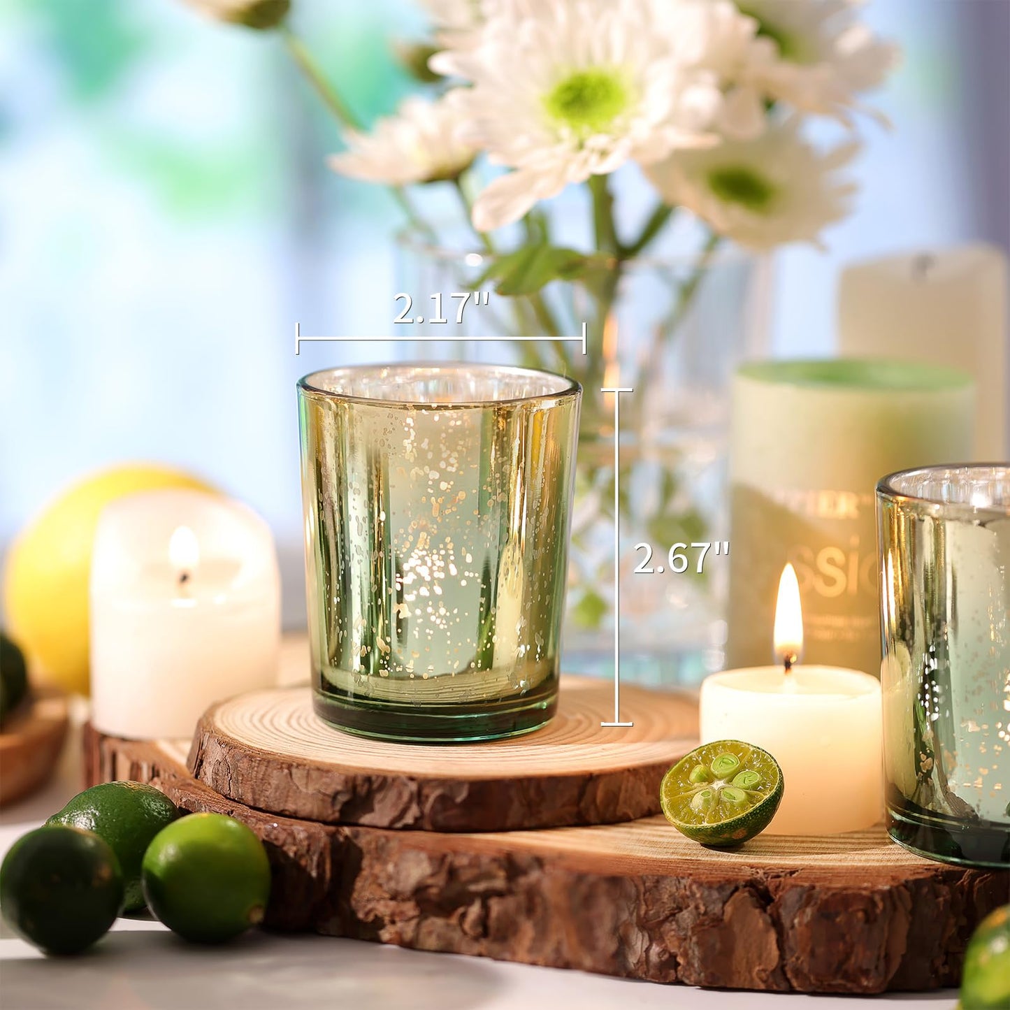 Volens Green Votive Candle Holders Set of 12, Speckles Mercury Glass Tealight Candle Holder Bulk for Table Wedding Centerpiece, Green and Gold Party Decorations & Home Decor