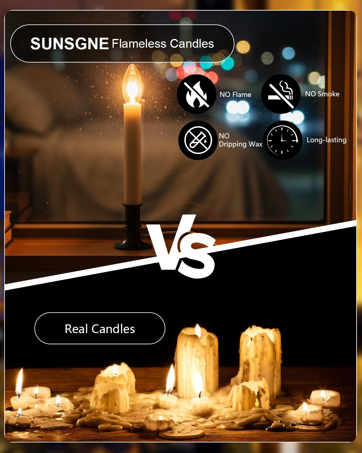 Electric Window Candle Lights with Auto Sensor, Dusk to Dawn Candle Lamps with Nickel Plated Base, 9 Inch Plug in Window Lights with 0.6W LED Shatterproof E12 Bulbs for Christmas Decor, 4 Pack
