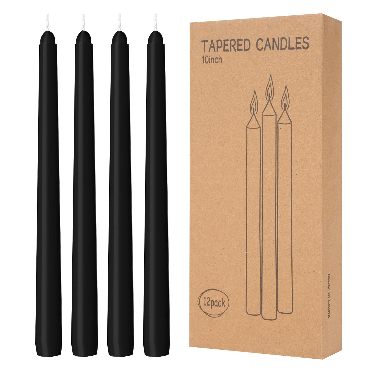 12 Pack Black Taper Candles 10 inch - Taper Candles Dripless, Smokeless, Unscented - 8 Hours Long Burning - Hand Poured Tall Candlesticks - Perfect for Home Decor, Weddings, and Special Occasions