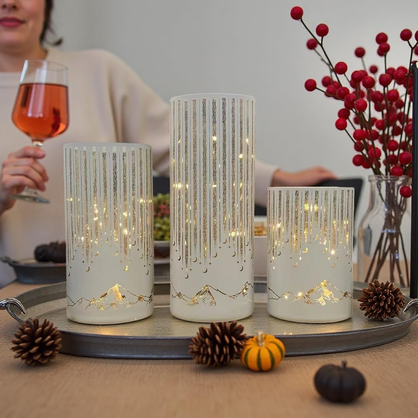 Ashroder Starry Night Hurricane Candleholders with Warm LED Lights & Remote Timer, Elegant Twinkling Decorative Centerpieces for Wedding, Dining Table, Living Room, Mantel Décor, Set of 3 (White)