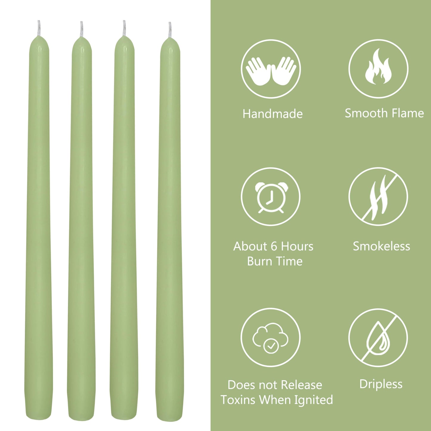 Soft Sage Green Taper Candles Set of 4, 10 Inch Handmade Candle Stick, Unscented Candlesticks, Tapered Candles for Wedding Dinner Table Home Decor Gift