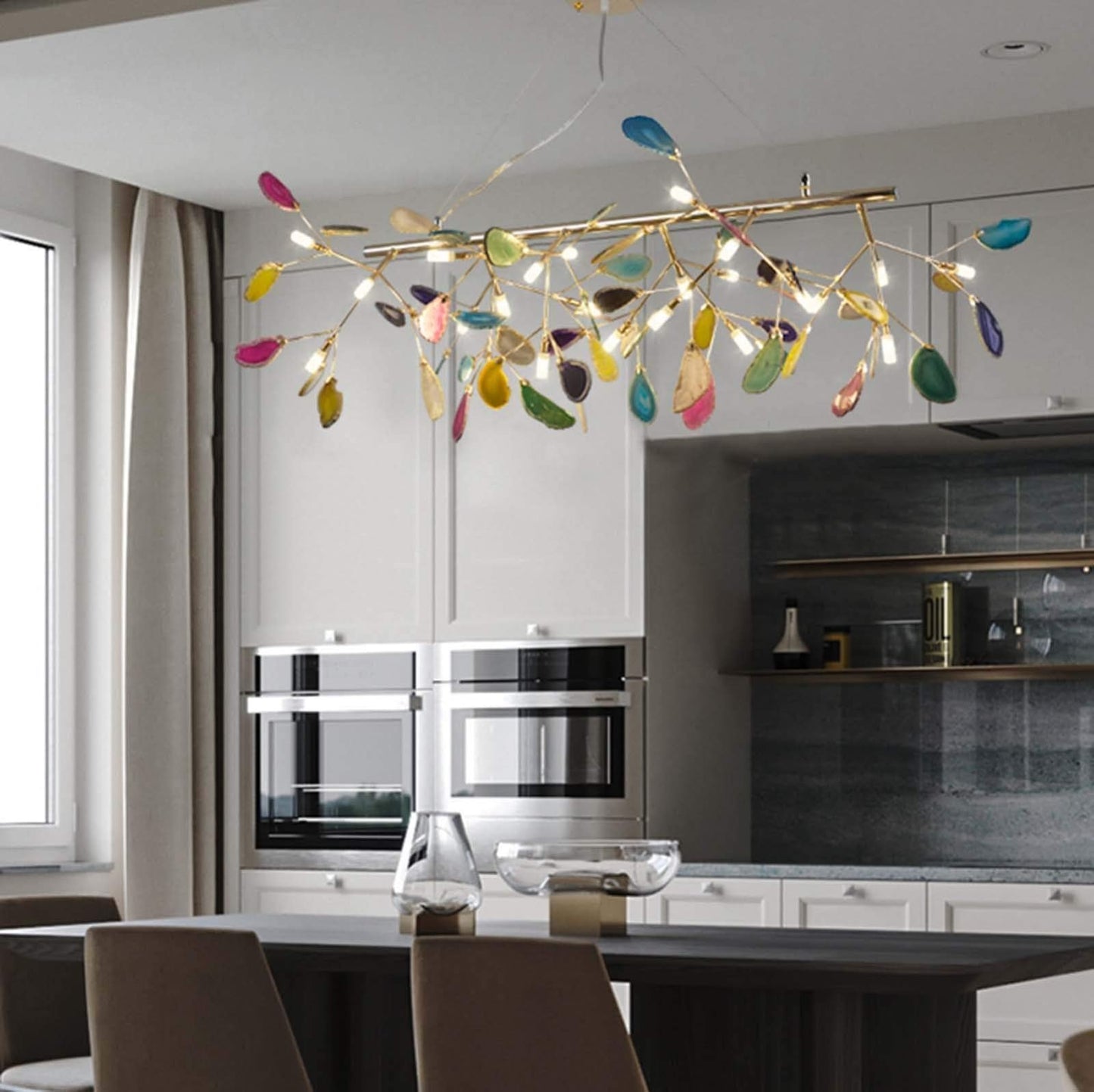 ZYBB Agate Firefly Chandelier Dining Room,Blue G4 Elegant Flush Mount Long Ceiling Light Fixture,24 Light Creativity Colorful Agate Stone During Light-Gold and Colored Agates