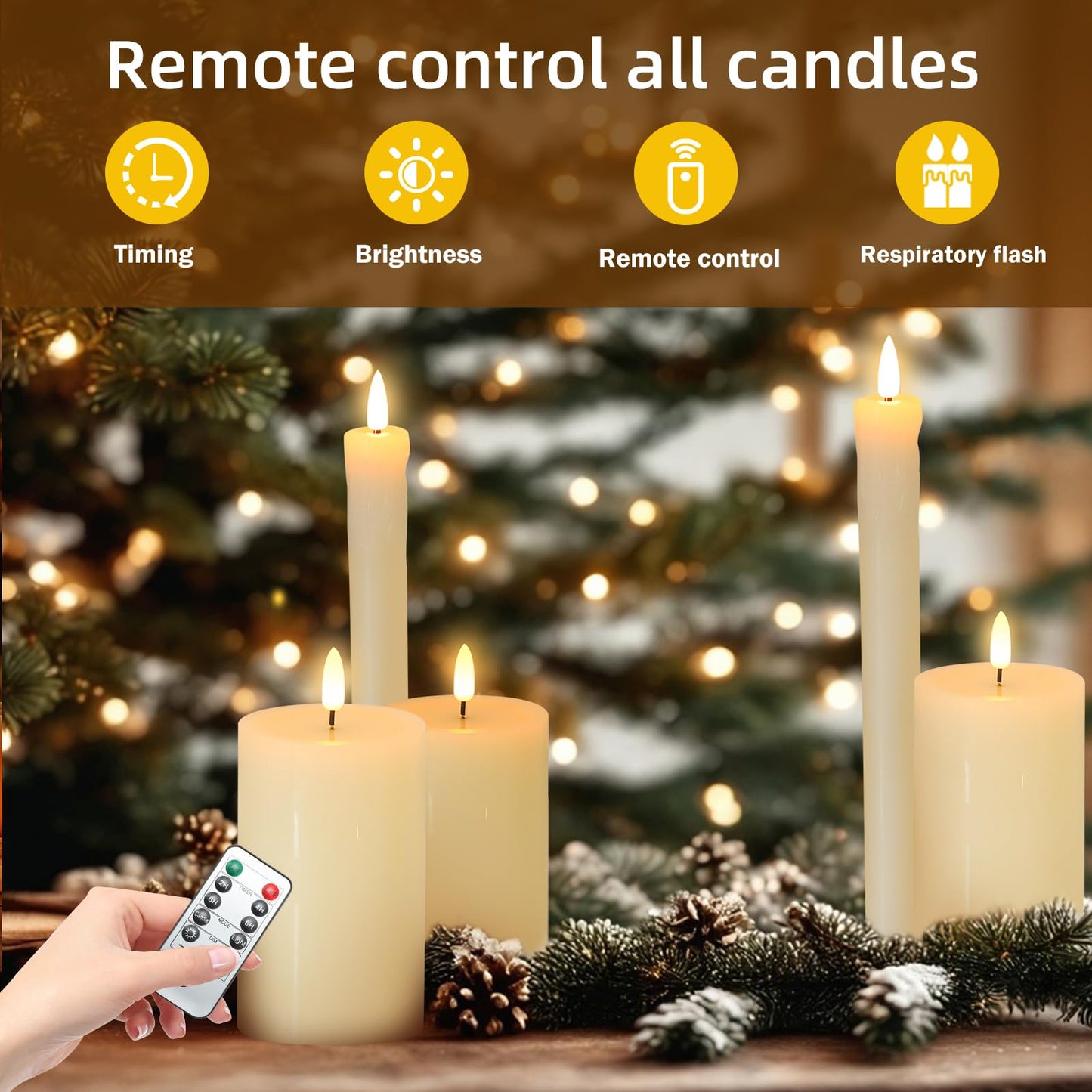 Hinabichan Real Wax LED Flameless Candles with Remote Timer, 4 Pcs Ivory Battery Operated Window Candle with 3D Flickering Flame for Fireplace Xmas Halloween Wedding Decor (9.5" Taper & 5" Pillar)