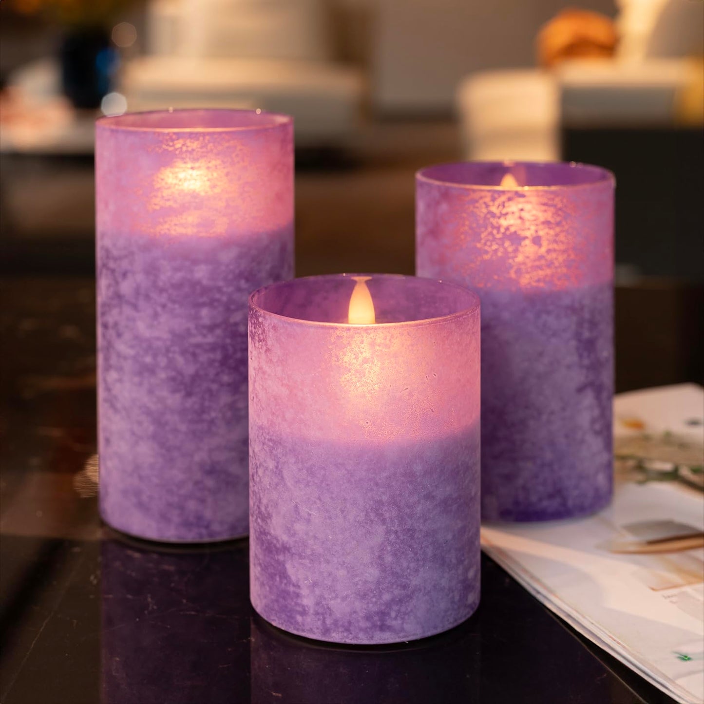 HJANDHJ Flickering Flameless Candles with 10-Key Remote - Sandblast Glass LED Pillar Candles with Timer, Real Wax Battery Operated Candles for Home Wedding Decorations (Purple, Set of 3)