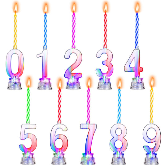 Boao 50 Pcs Birthday Number Candle Set Includes 10 Pcs Multicolor LED Flashing Number Candles with Transparent Shell and 40 Pcs Wax Candles(Colored Candle Style)