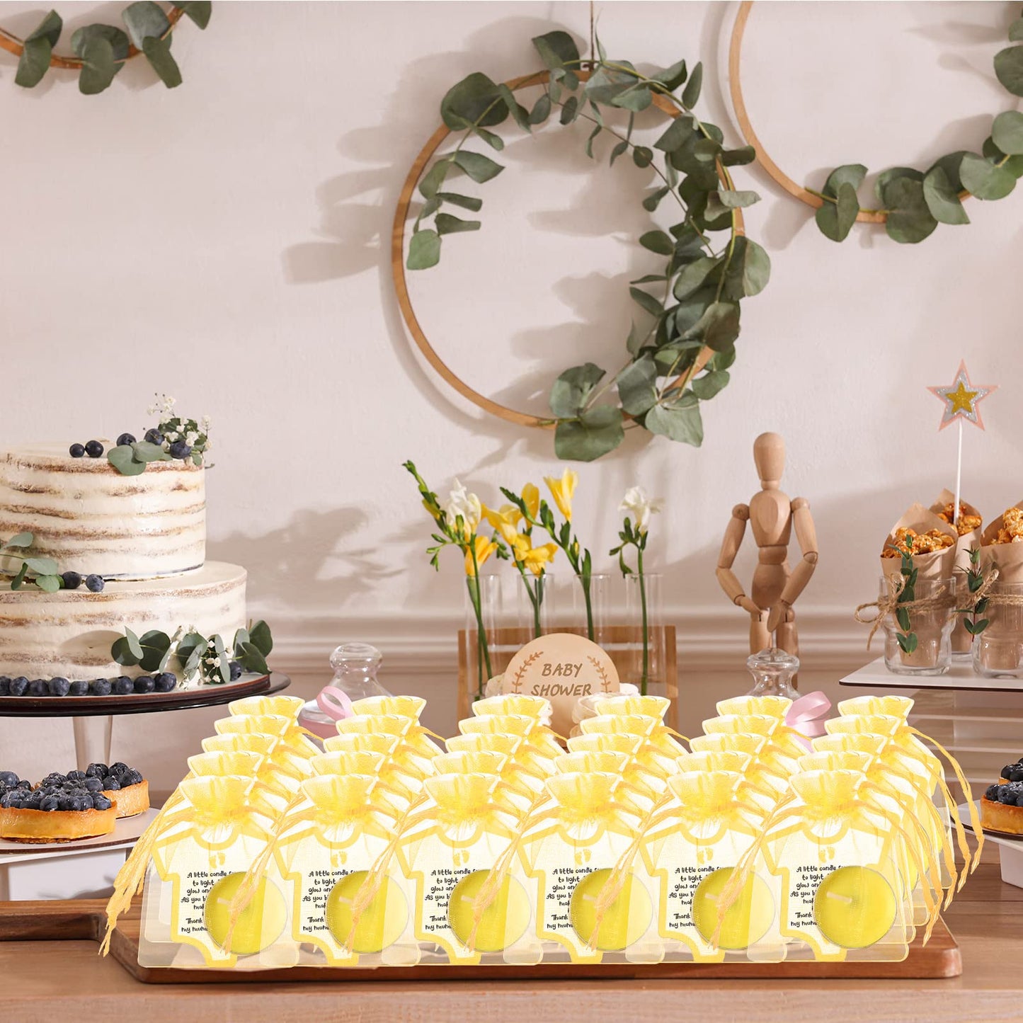 Roowest 50 Set Baby Shower Party Candles Gift for Guests Cute Tea Lights Candle Decorations with Thank You Cards Organza Bags for Girl Boy Baby Shower Gender Reveal Favors(Yellow)