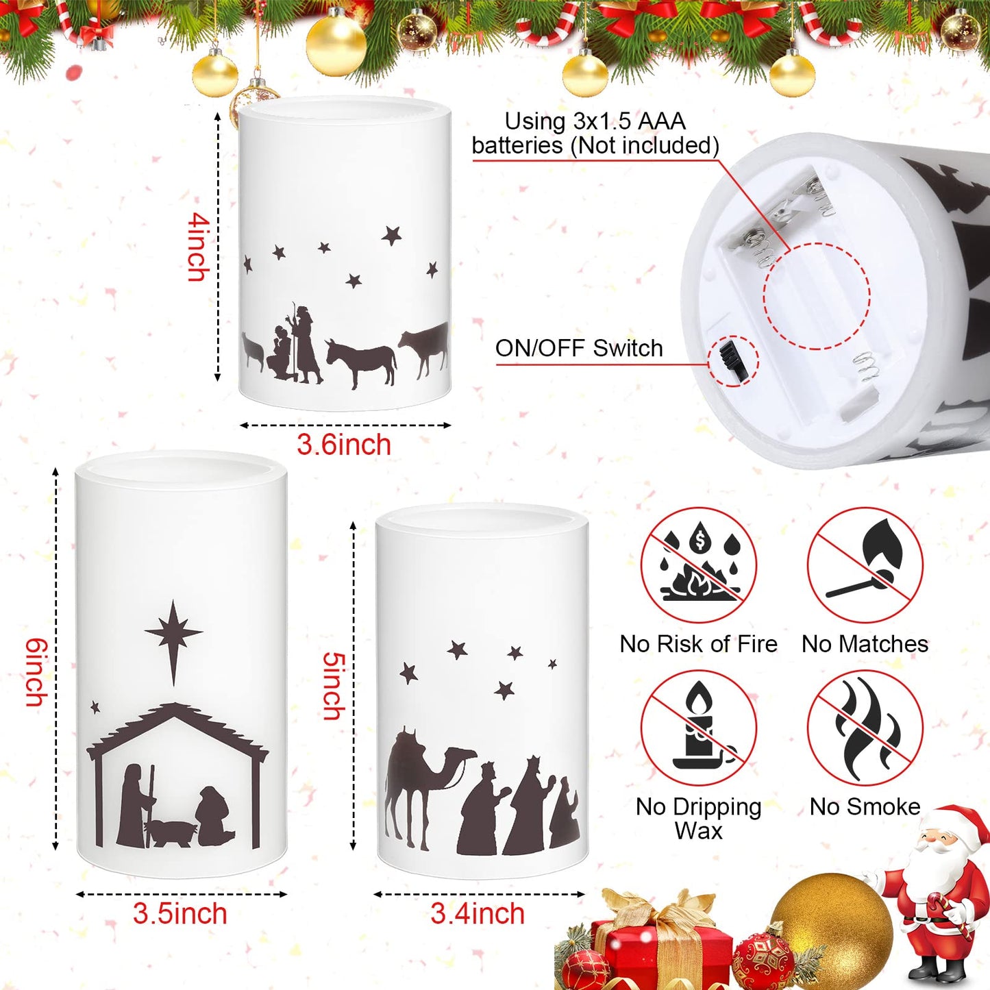 Nuanchu 3 Pcs Nativity Scene Candles Flameless Christmas LED Candles Battery Operated Warm Light for Advent Indoor Outdoor Home Table Decorations Christmas Holiday Decor