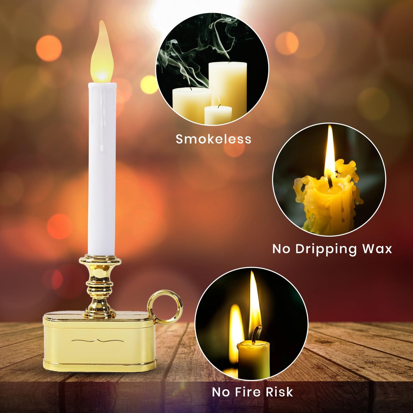 LitTerra Window Candles 2AA Battery Operated with Timer 8 Hours On and 16 Hours Off Led Warm White with Flicker Flame (Gold Base) Battery Not Included