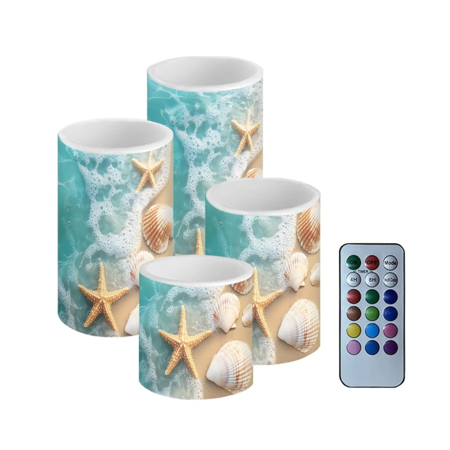 Merkmak Battery Operated Flameless Candles with Remote and Timer Flameless LED Pillar Candles for Camping, Weddings, Coastal Home Decoration Battery Tealights, Beach Starfish Shell