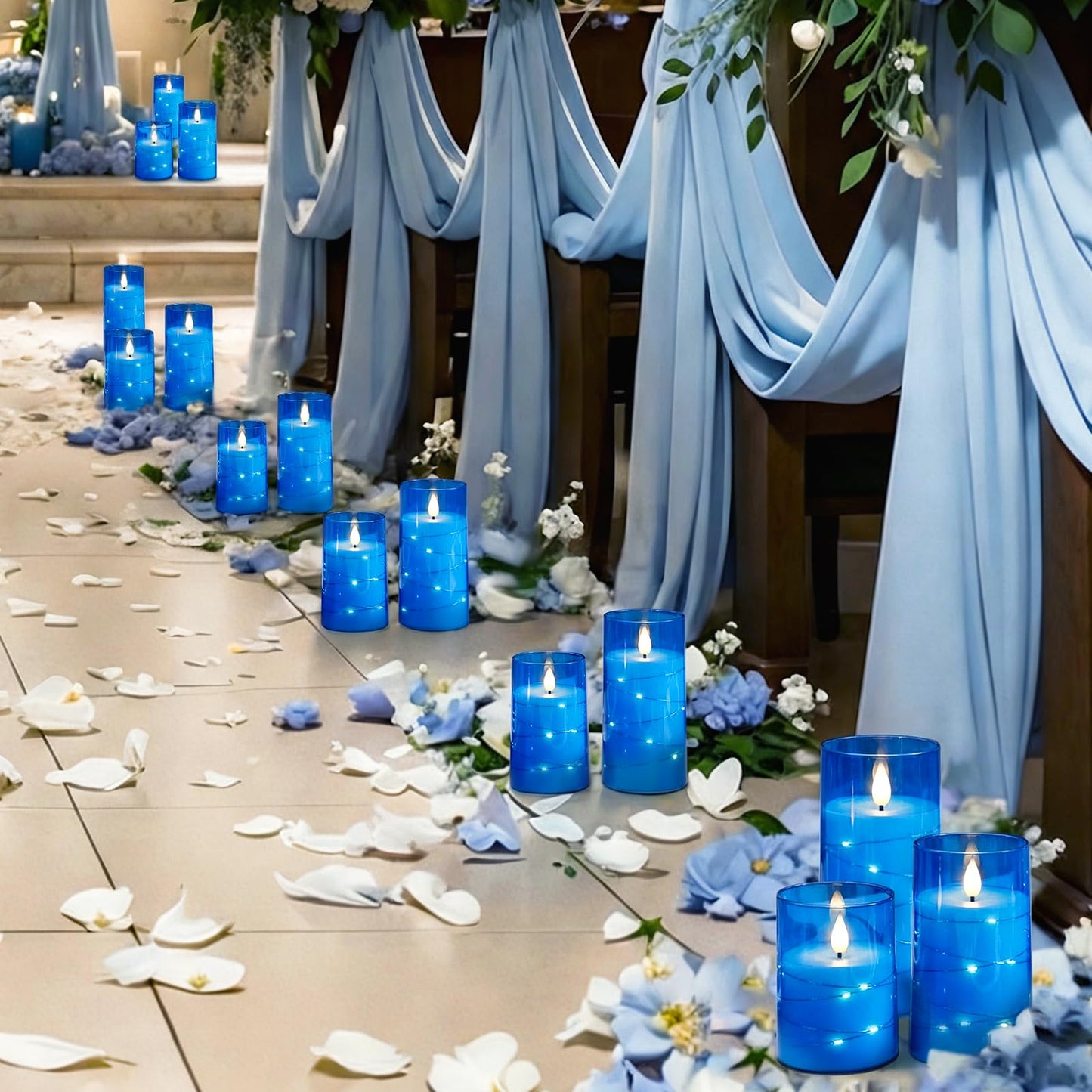 Homemory Flameless Candles with Embedded Star String Fairy Lights, Battery Operated Candles, LED Candle, Fake Candles with Remote Control and Timer, Blue, Set of 3(H 4" 5" 6”)