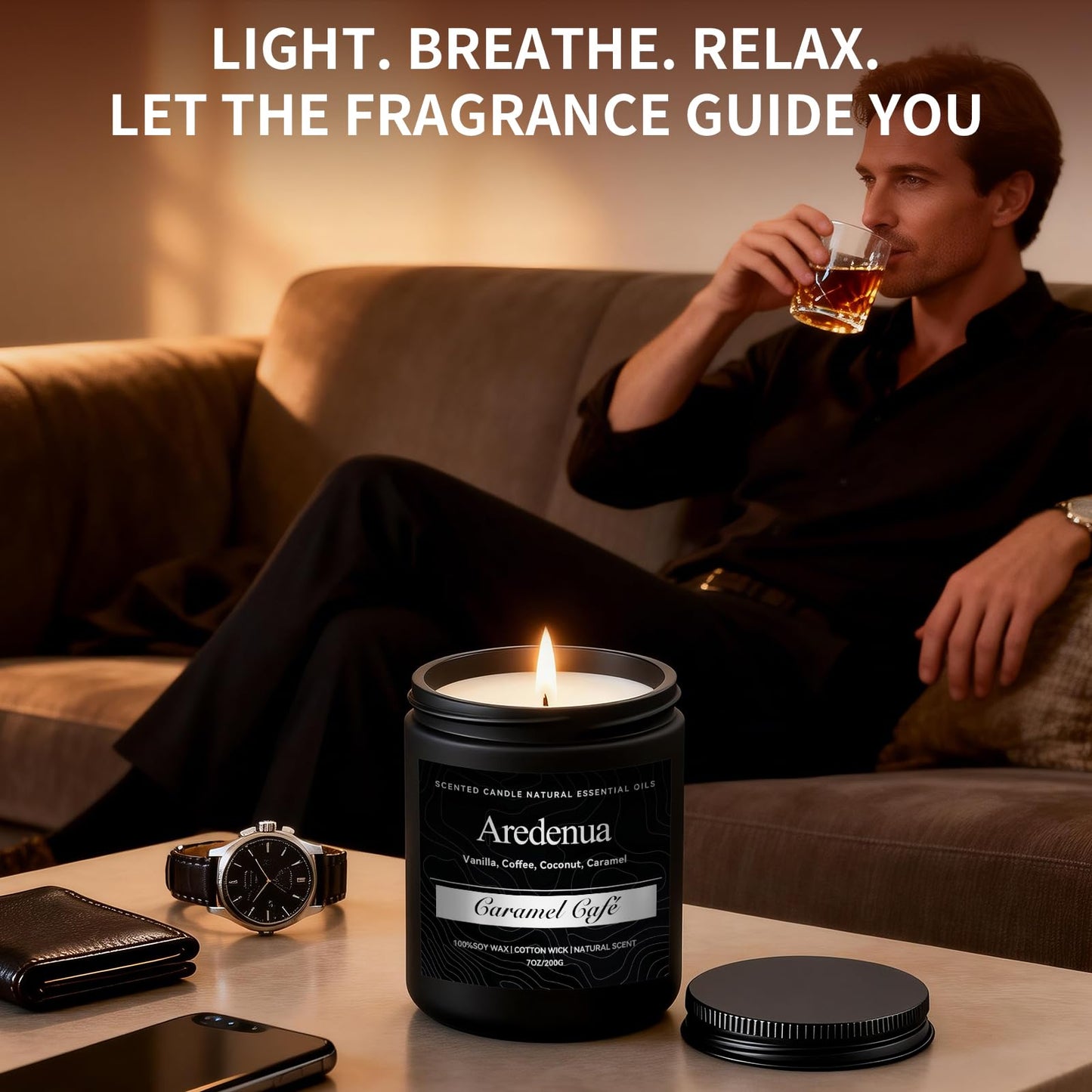 Caramel Coffee Candle | Soy Scented Candles for Home & Office, 50H Clean Burn, Manly Gifts for Fathers Day – Aromatherapy Candle for Dad or Husband, Cozy Coffee & Caramel Scent
