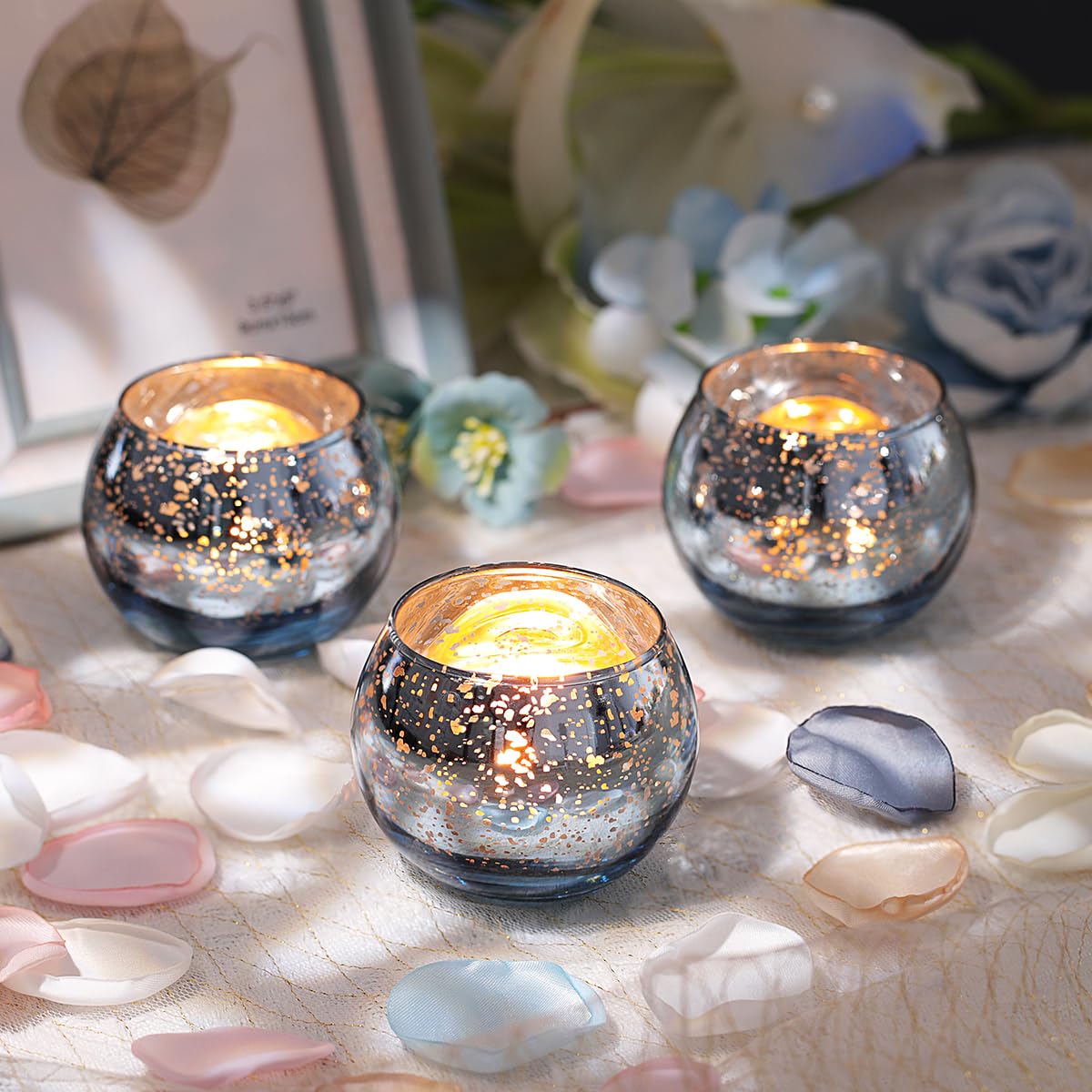 LETINE 36pcs Blue Votive Candle Holders - Elegant Mercury Glass Tea Light Candle Holder Set for Spring Summer Weddings, Holiday Season Decorations, Valentine's Day Table Centerpieces