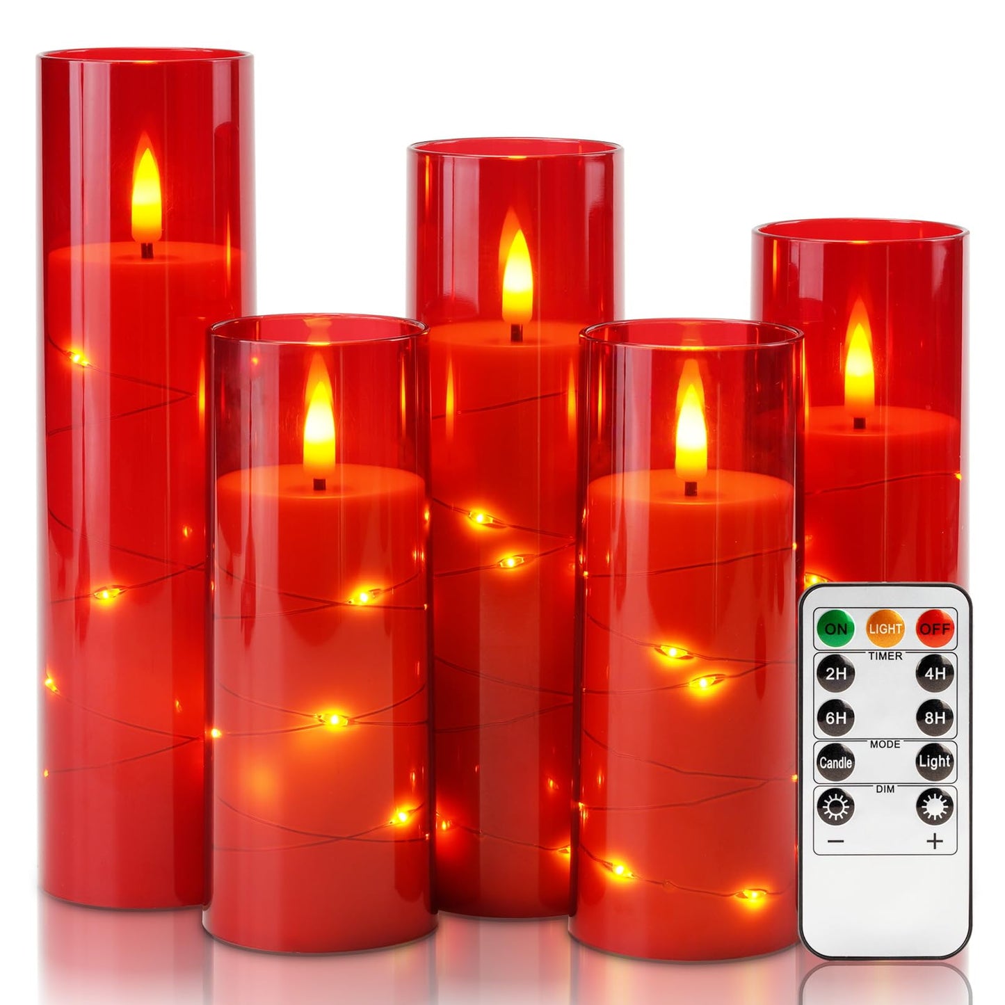 Homemory Acrylic Flameless Candles with Embedded Star String Fairy Lights, Battery Operated, LED Candles, Fake Candles with Remote Control and Timer, Red, Set of 5