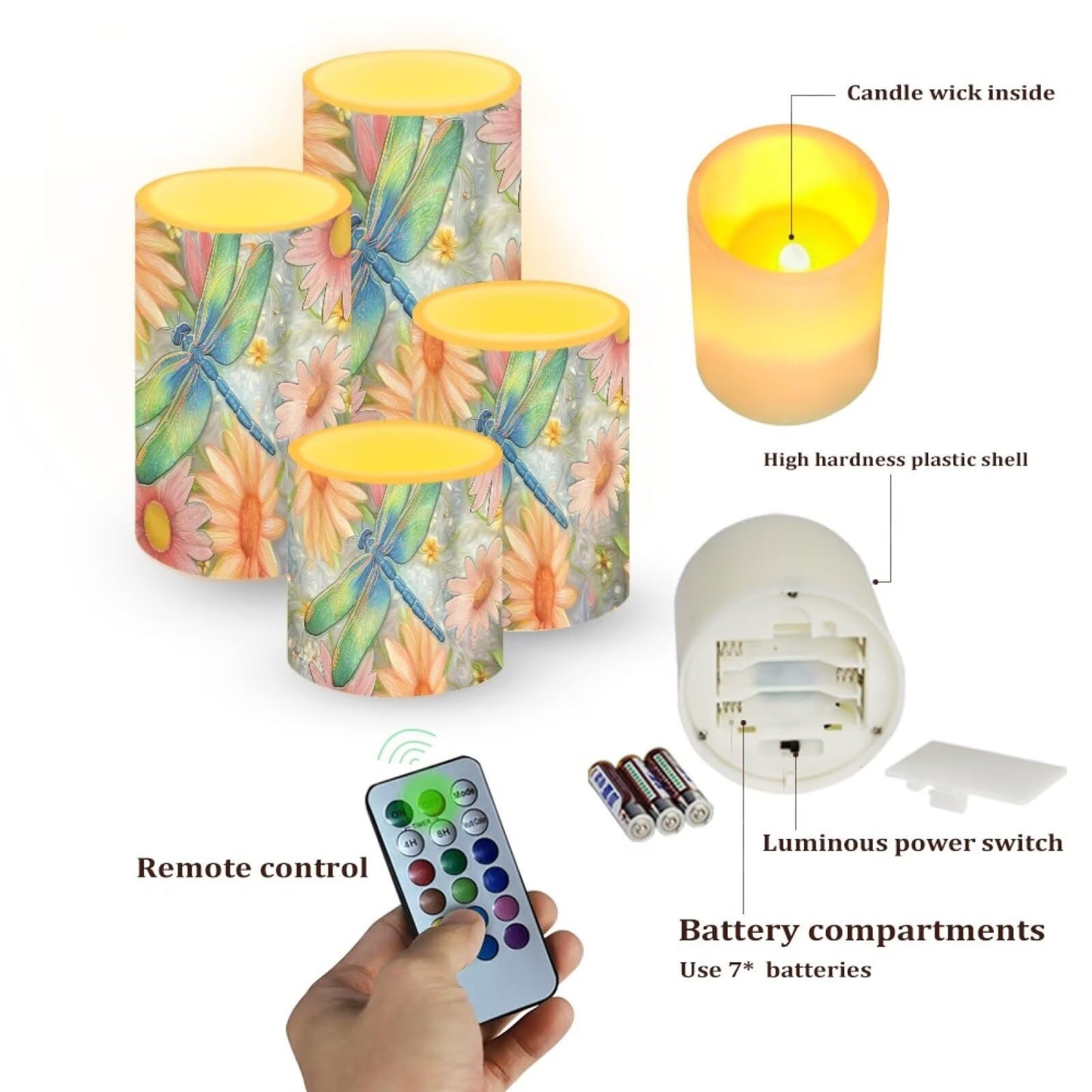 Cozeyat Dragonfly Flameless Candles 4 Pack Battery Operated LED Pillar Candles with Remote Control Timer Color Changing Waterproof for Wedding Home Garden