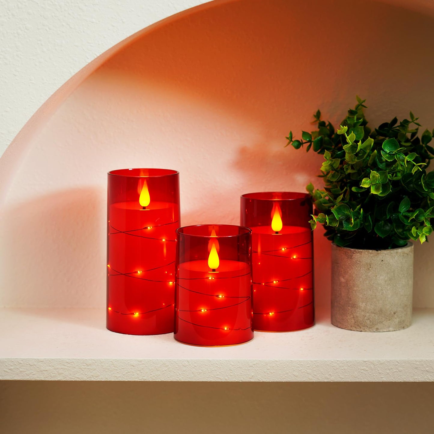 Amagic Red Flameless Candles 3 Set, Flickering Battery Operated Candles Embedded Fairy String Light, Realistic Pillar Candle with Remote Control and Timer, Acrylic, D3 x H4 5" 6"