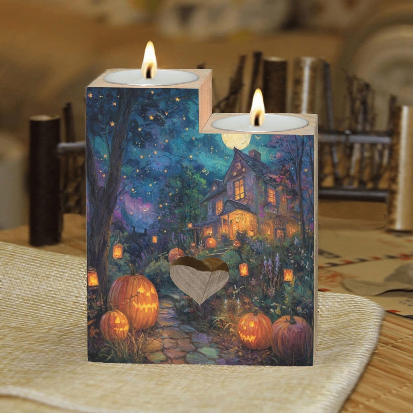 pnyoin Haunted Halloween Castle Night Candle Holders Gift for Women Wooden Heart Candlestick Personalized Christmas Birthday Graduation Friendship Gifts Home Wedding Dinning Party Decorative