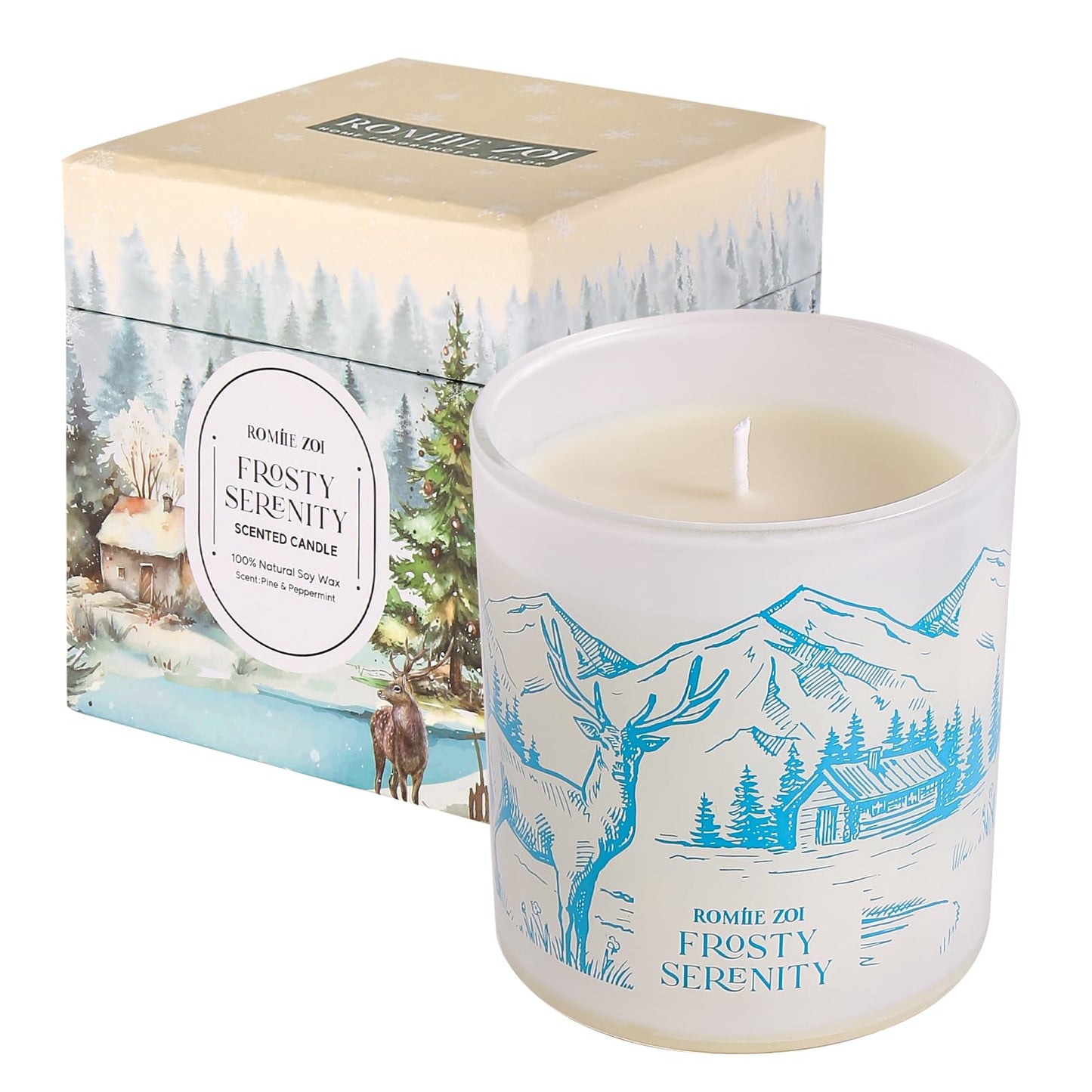 ROMIIE ZOI Christmas Scented Jar Candle - 6oz Soy Wax Candle - Frosty Serenity Infused with Frosted Mint & Fir Aroma - with Beautiful Keepsake Box Special for Christmas/Holiday Gifts