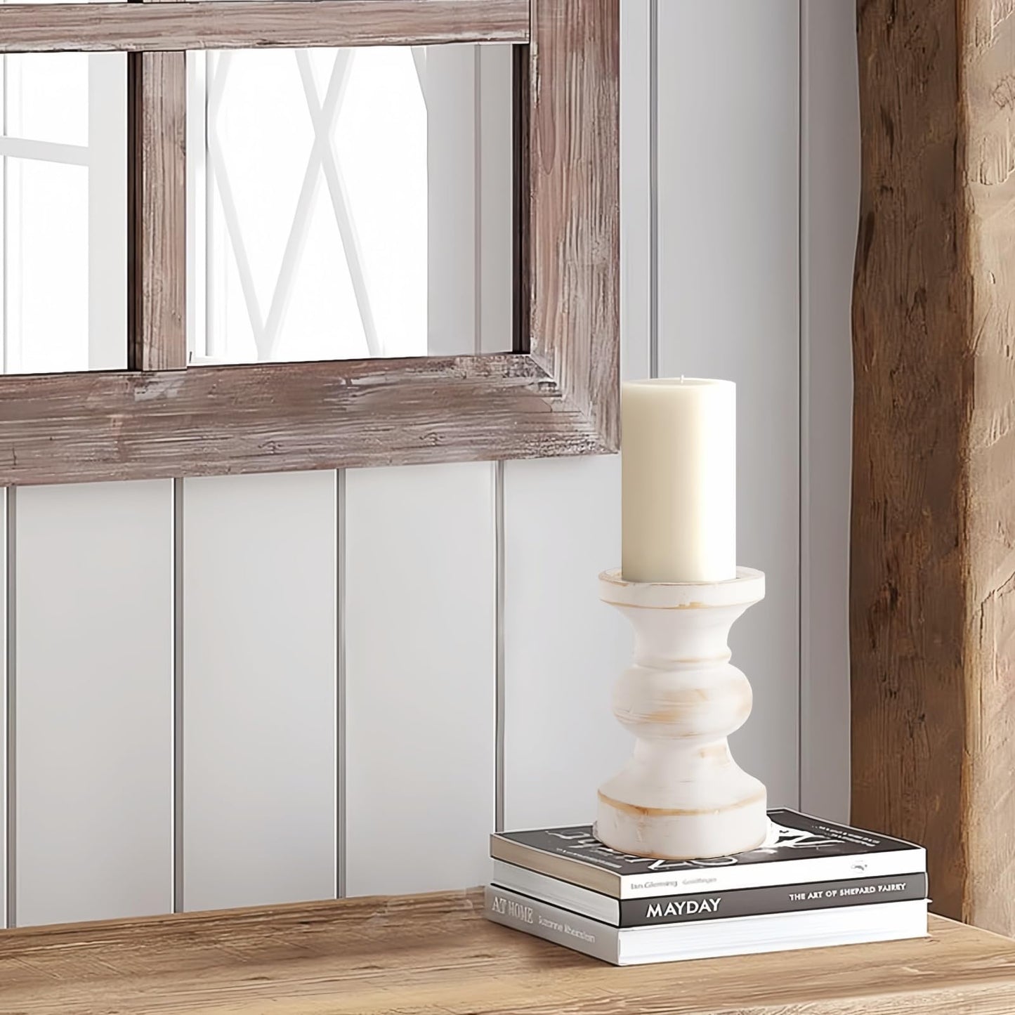 CedarLux Rustic Pillar Candle Holder, 6 Inch White Wooden Candlestick Holders, Farmhouse Candle Stands for Pillar Candle,Decorative Wood Candlestick Holders for Living Room, Table Centerpiece