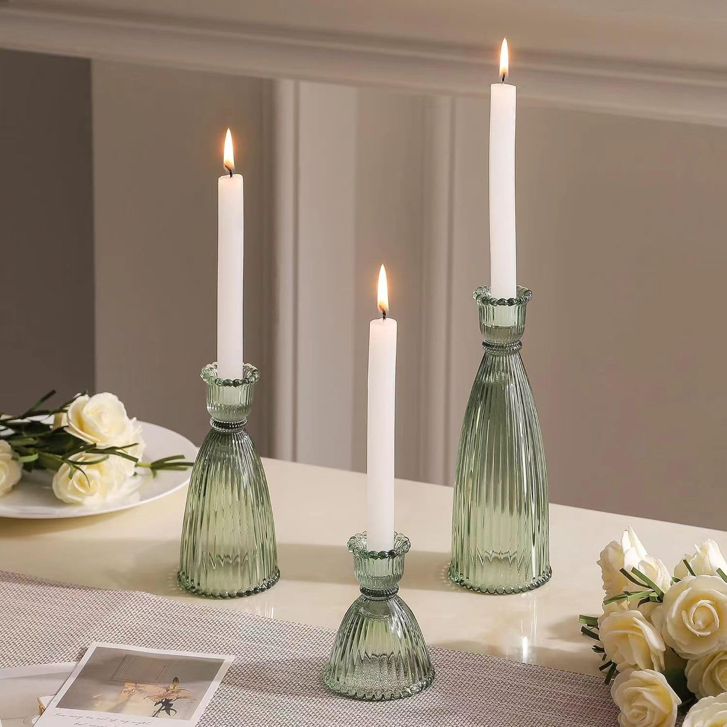 Sveudvdis Glass Candlestick Holders, Set of 3 Thick Taper Candle Holders for or Table Centerpieces, Wedding Decor and Dinner Party (Green)