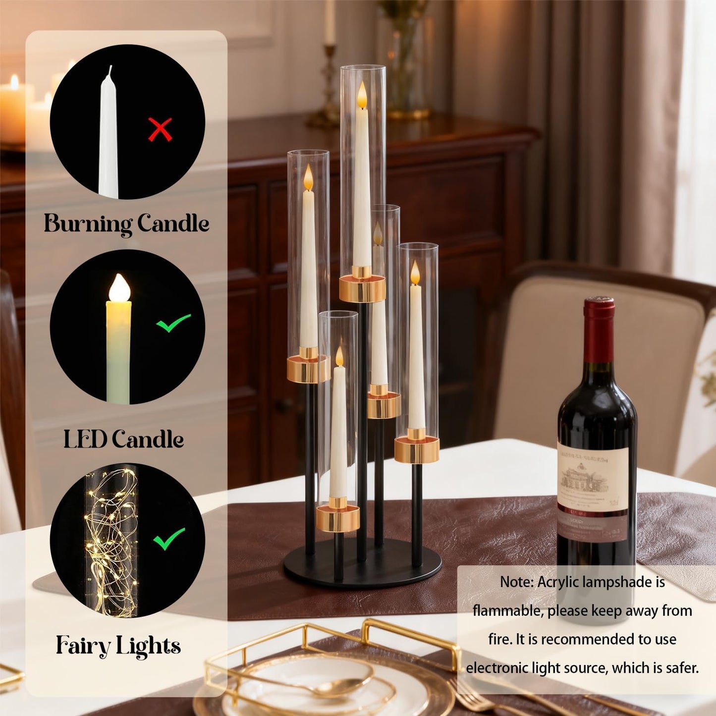 KEHAIL 2 PCS 5-Arm Black+Gold Metal Table Candelabra Centerpiece, 22" Tall Clear Acrylic Candlesticks Holder with Shade for Valentines Day Events Party Table Centerpiece,Fit LED Candles