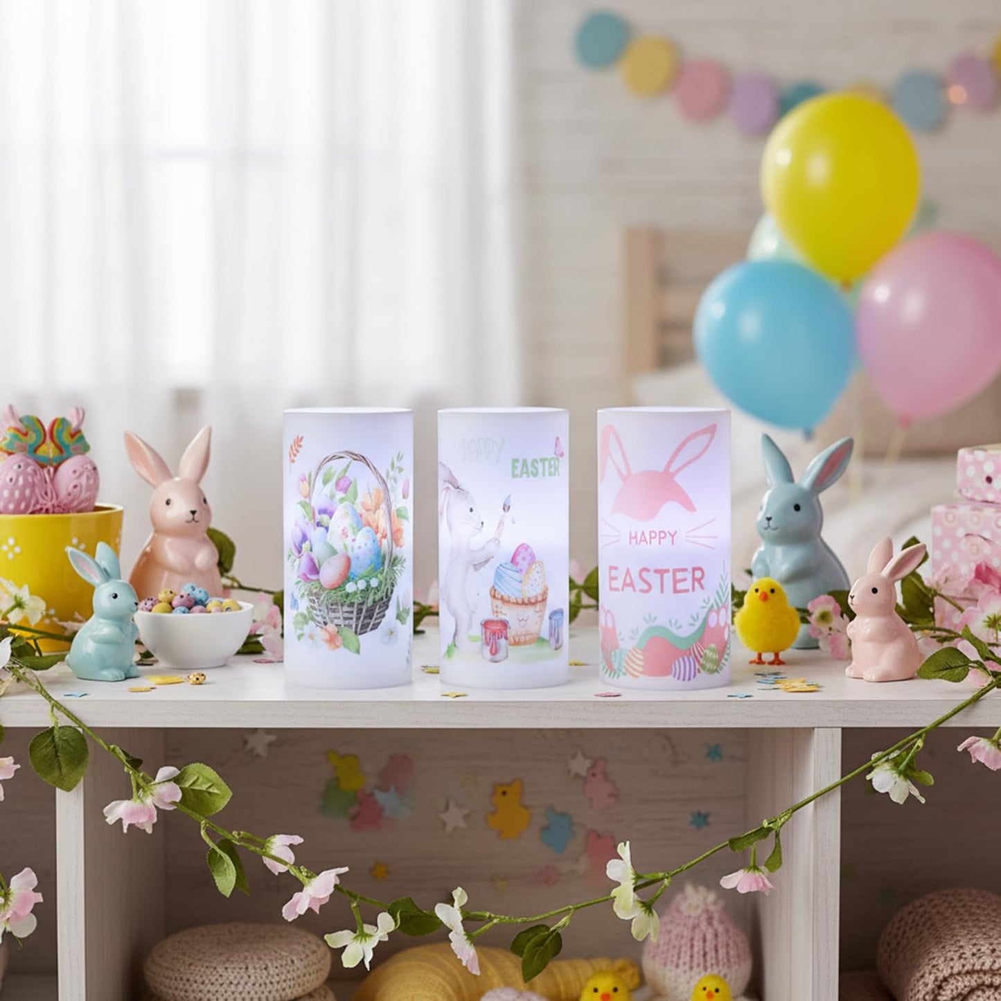 Aulaygo 3PCS Easter Flameless Candles with Remote Control,Happy Easter Bunny Flower Rabbit Spring LED Candle Battery Operated for Easter Theme Party Home Decor,Mother's Day Decor