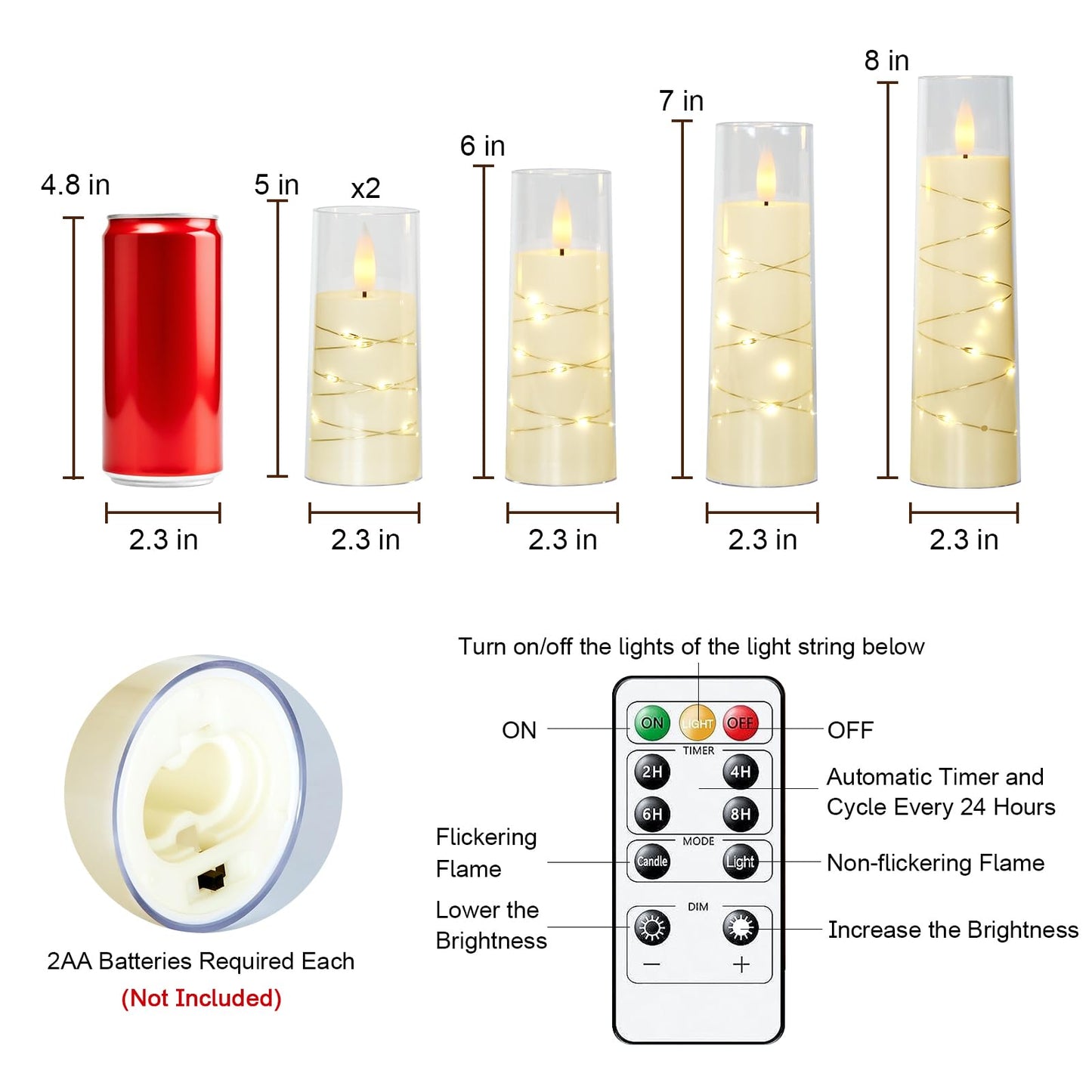 Raycare Flameless Candle with Remote Timer – 5 Flickering Acrylic Battery Operated LED Pillar Candles with Embedded Star String for Halloween, Home Decor, and as a Gift(Ivory)