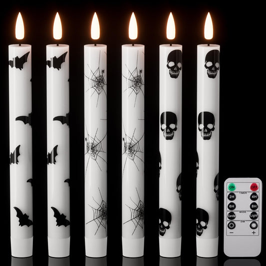 Wondise Halloween Flameless Taper Candles with Remote & Timer, Battery Operated with Spider Web, Bats, Skull, Real Wax 3D Wick LED Candles for Halloween Decorations