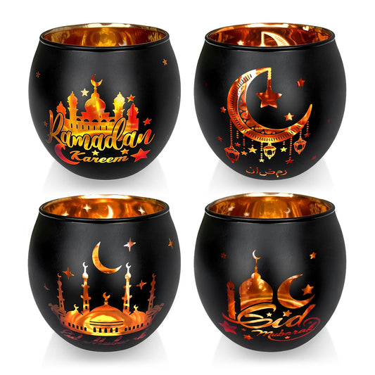 Eid Mubarak Glass Tea Light Candle Holders, Votive Tealight Holder Table, Centerpiece Decorations for Muslim Party Decor (Ramadan)