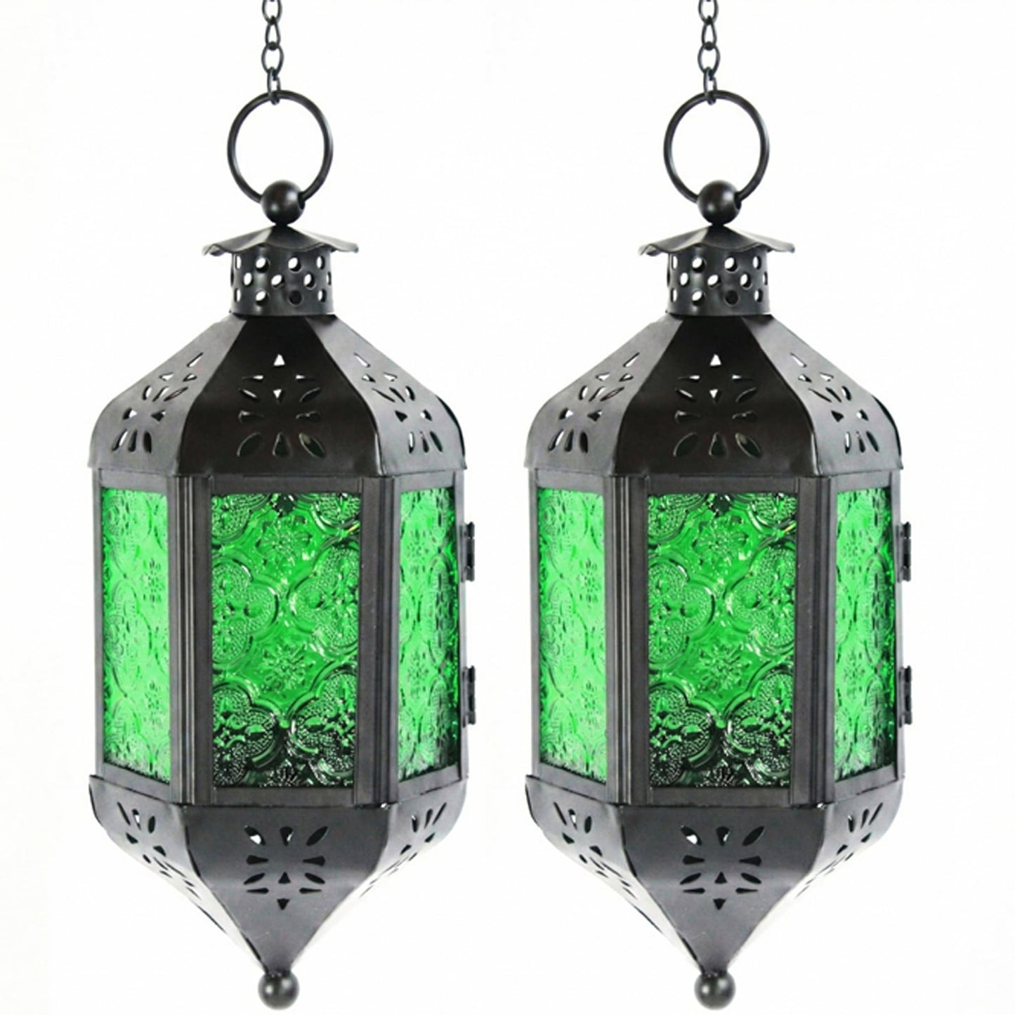 Vela Lanterns Hanging Moroccan Lamp - Exotic Decorative Patio & Porch Decor, Indoor Outdoor Tea Light Candle Lantern Holder with Chain (11" Medium, Green Glass, 2-Pack)