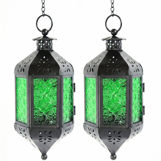 Vela Lanterns Hanging Moroccan Lamp - Exotic Decorative Patio & Porch Decor, Indoor Outdoor Tea Light Candle Lantern Holder with Chain (11" Medium, Green Glass, 2-Pack)