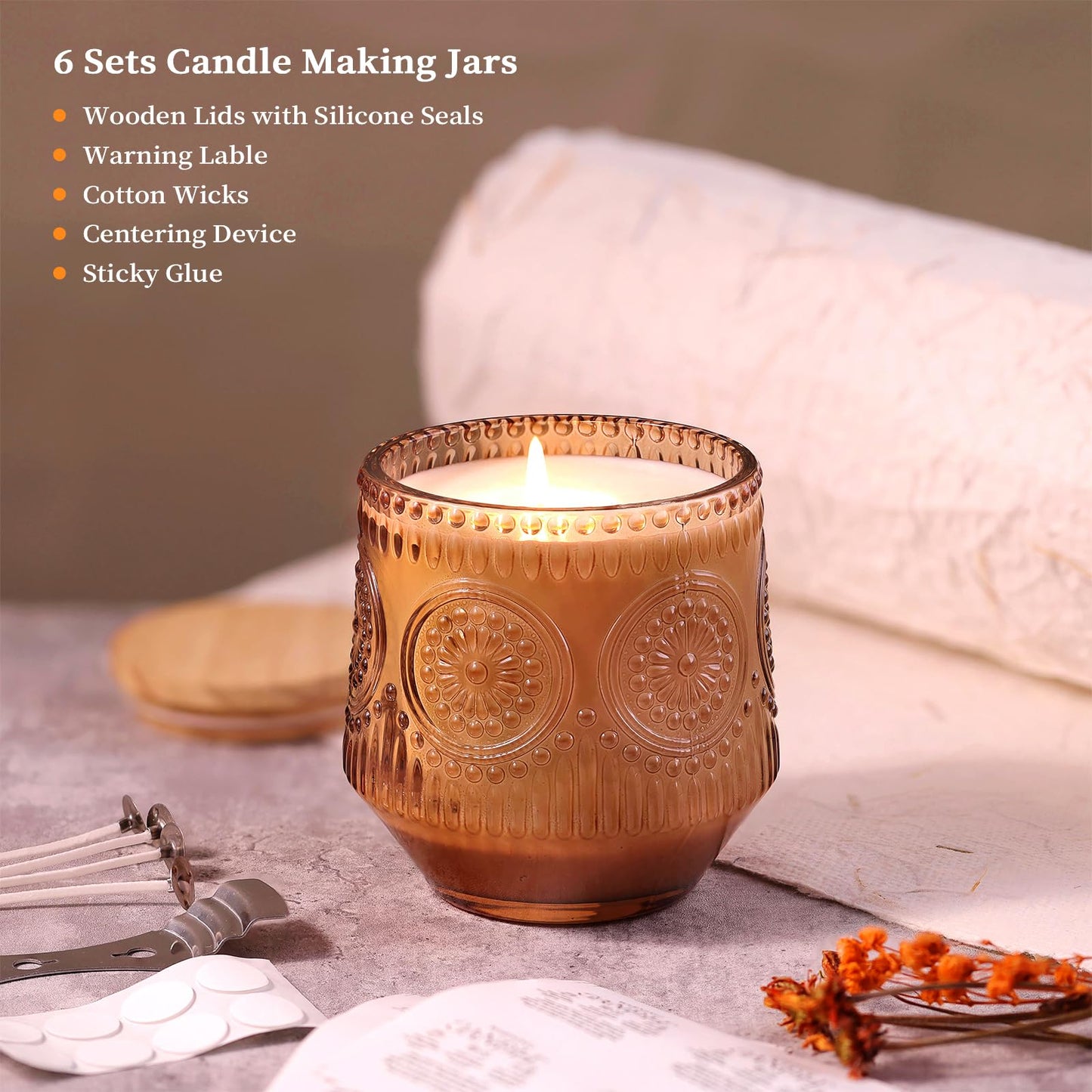 LAMORGIFT 6 Pack Terracotta Candle Jars for Making Candles- Large 13.5oz Glass Jars with Wooden Lids and Labels, Empty Candle Jar Containers Vessels for Candle Making Supplies