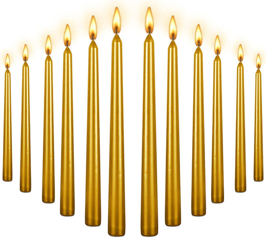 10 Inch Taper Candle, Set of 12,Tapered Candles Burn for 7 Hours, Long Sticks,Tall Candlesticks, Dinner Party, Wedding, Halloween (12pcs, Gold)