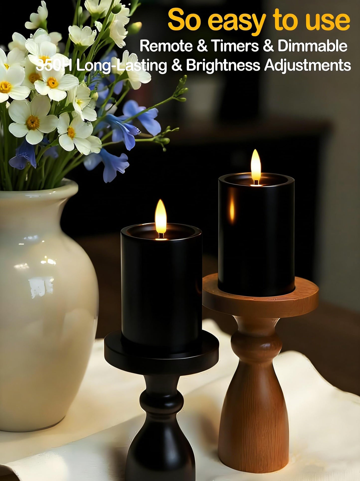 Gmnee 3"x4" Outdoor Waterproof Flameless Candles with Remote and Timers, LED Candles, Battery Operated Candles, Electric Fake Pillar Candles for Patio, Porch, and Lanterns Decor (Black, Plastic)