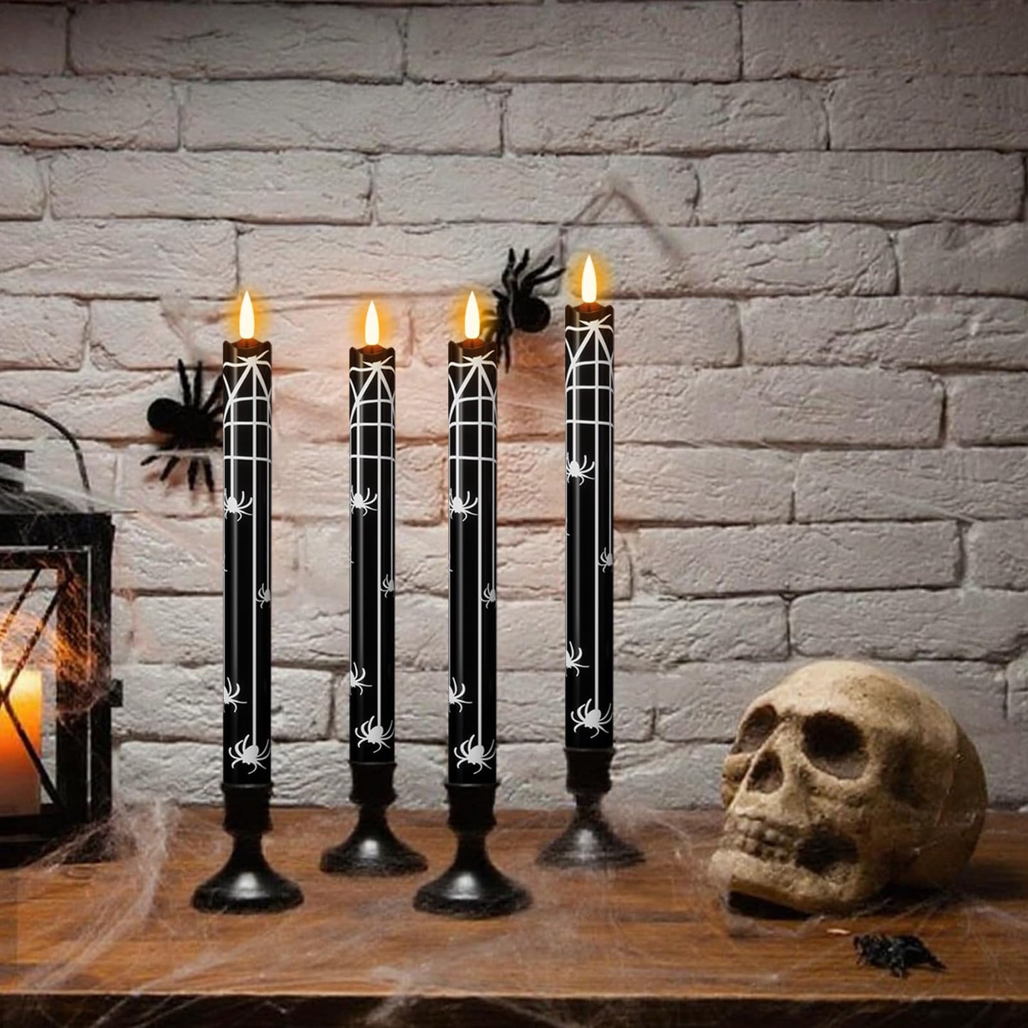 Eldnacele Halloween Flameless Flickering Taper Candles with Remote and Timer, Battery Operated Spider Web Decal Real Wax Black LED Window Candles Set of 4 Table Centerpiece Horror Halloween Decor