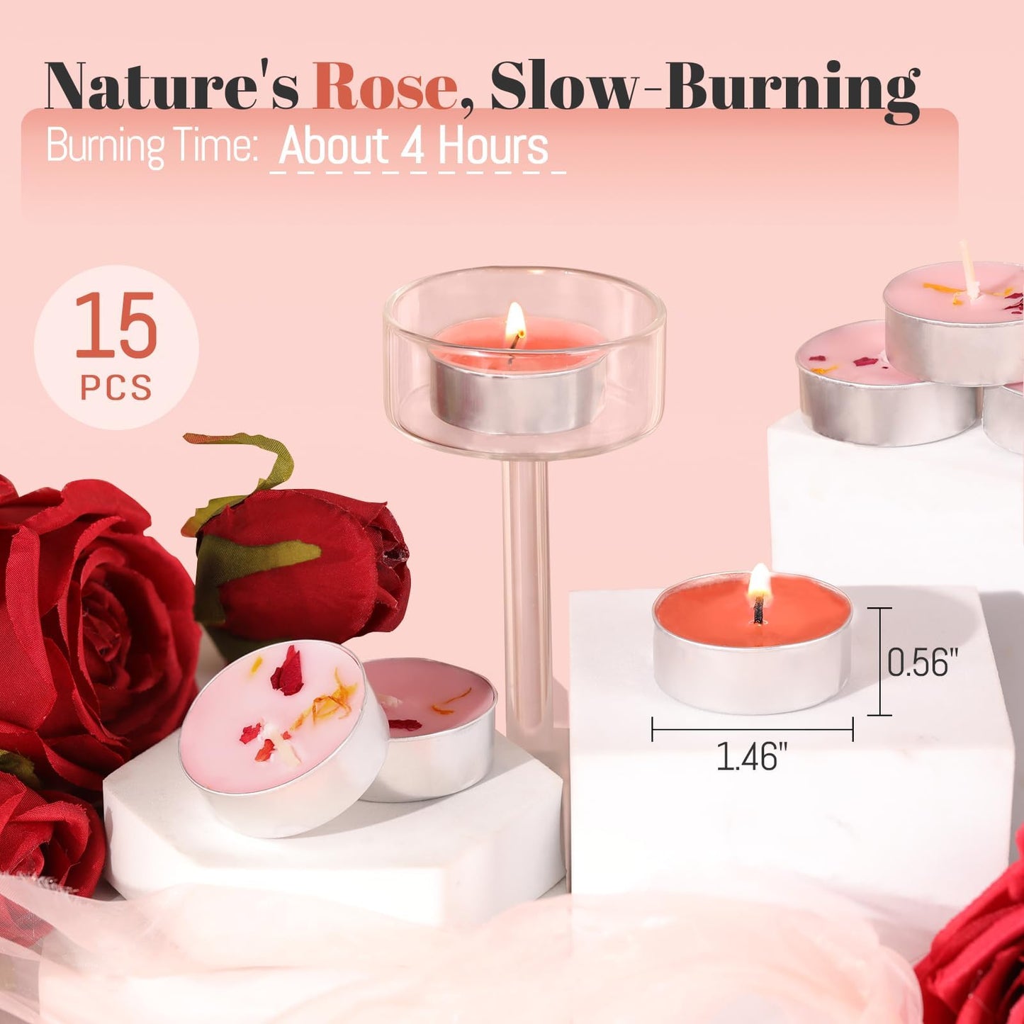 HAVITI 15 Pcs Rose Scented Tealight Candles, Tea Lights Candles, 4H Smokeless Palm Wax Pink Tea Candle for Weddings,Christmas,Spa, Bath