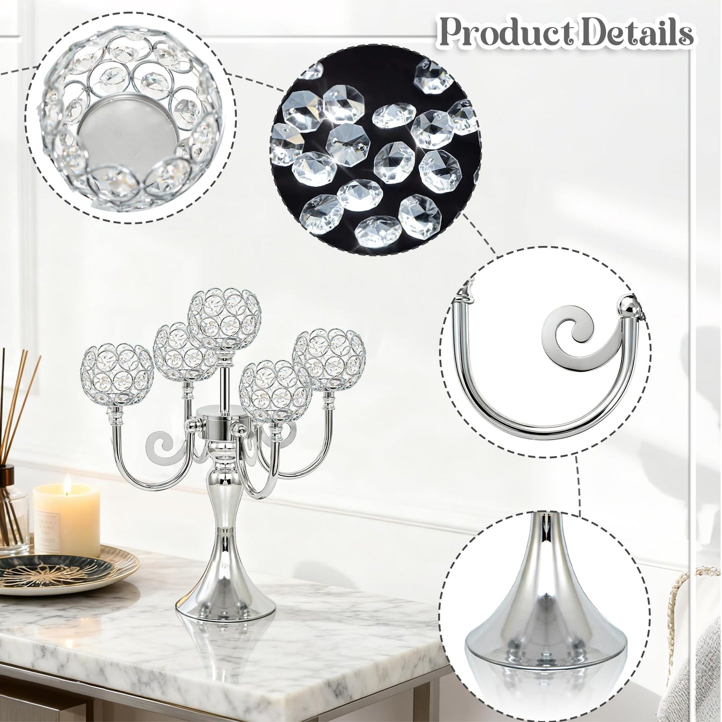5 Arm Metal Crystal Candelabra Centerpiece - 13.4 Inch Elegant Candle Holder with Crystal Beads for Wedding Party Christmas Home Dining Table Decoration (2, Silver)