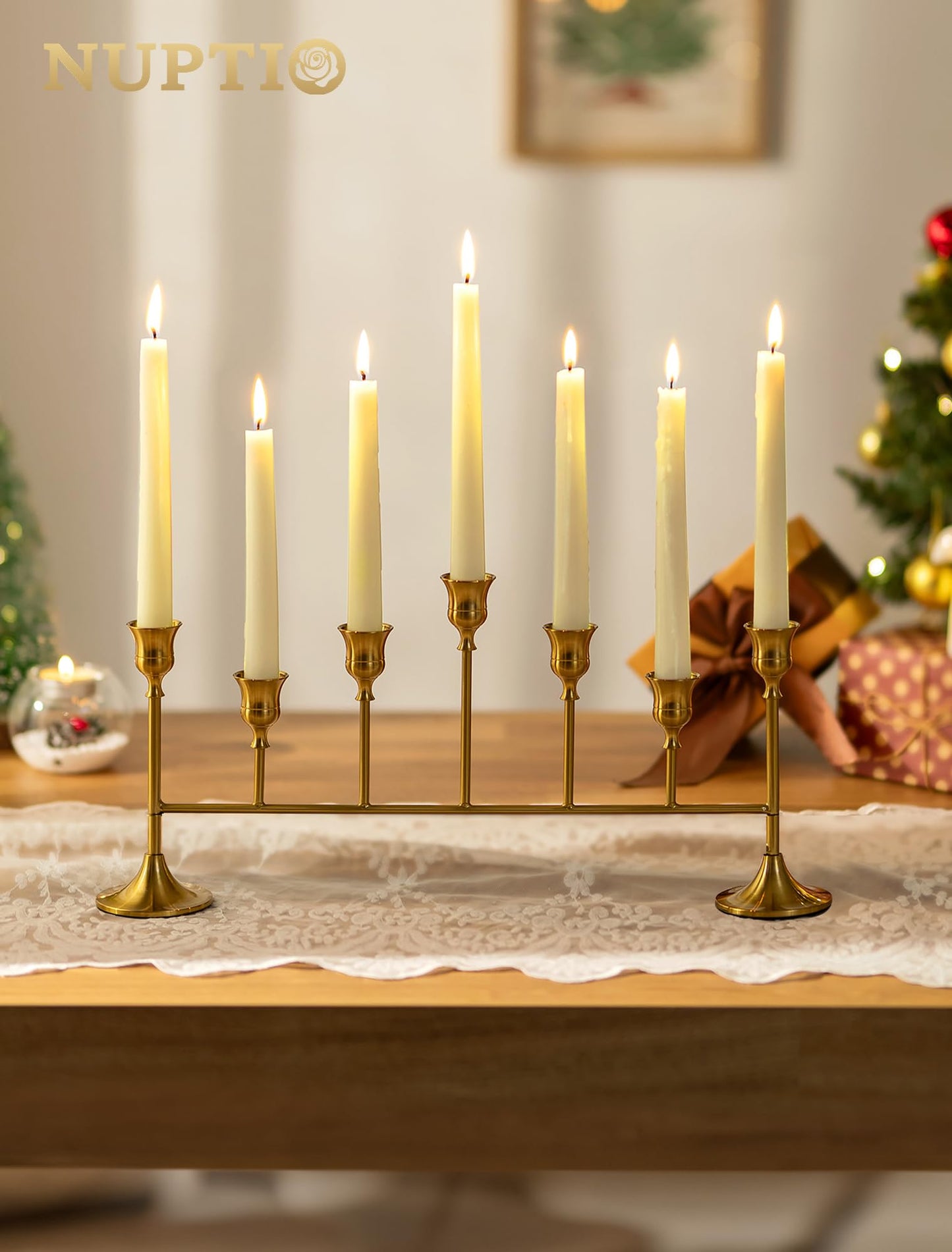 NUPTIO Gold Candle Holders for Centerpiece: Brass Taper Candelabra for Weeding Party - Candlestick Holder Set of 2 for Christmas Fireplace Table Decor