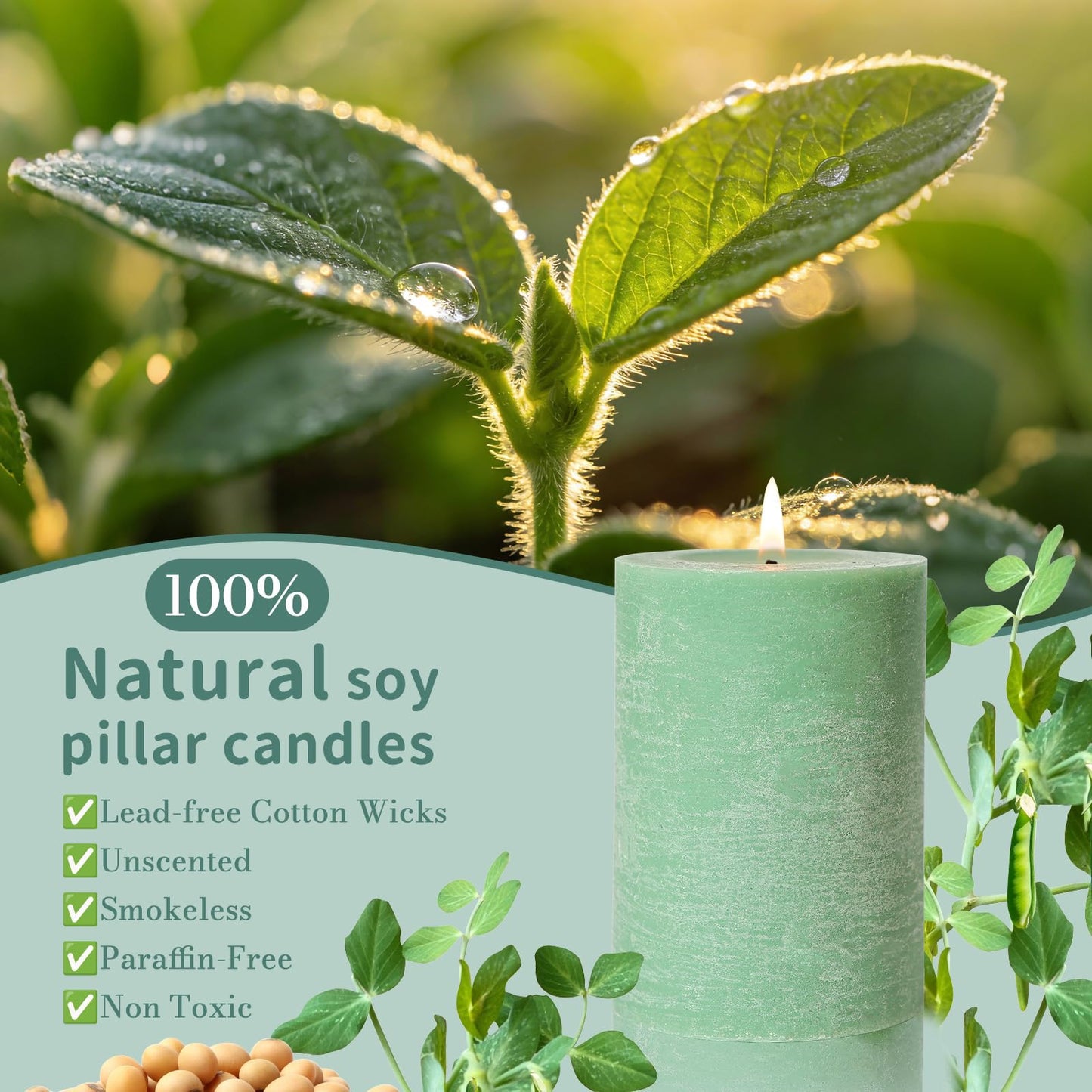 6 Pack Sage Green Soy Pillar Candles - 330H Total Burn Time - 2.8x4” Rustic Textured Natural Wax- Smokeless & Clean Burning Unscented Hand-Poured Candles for Spring Home, Modern Farmhouse Decor