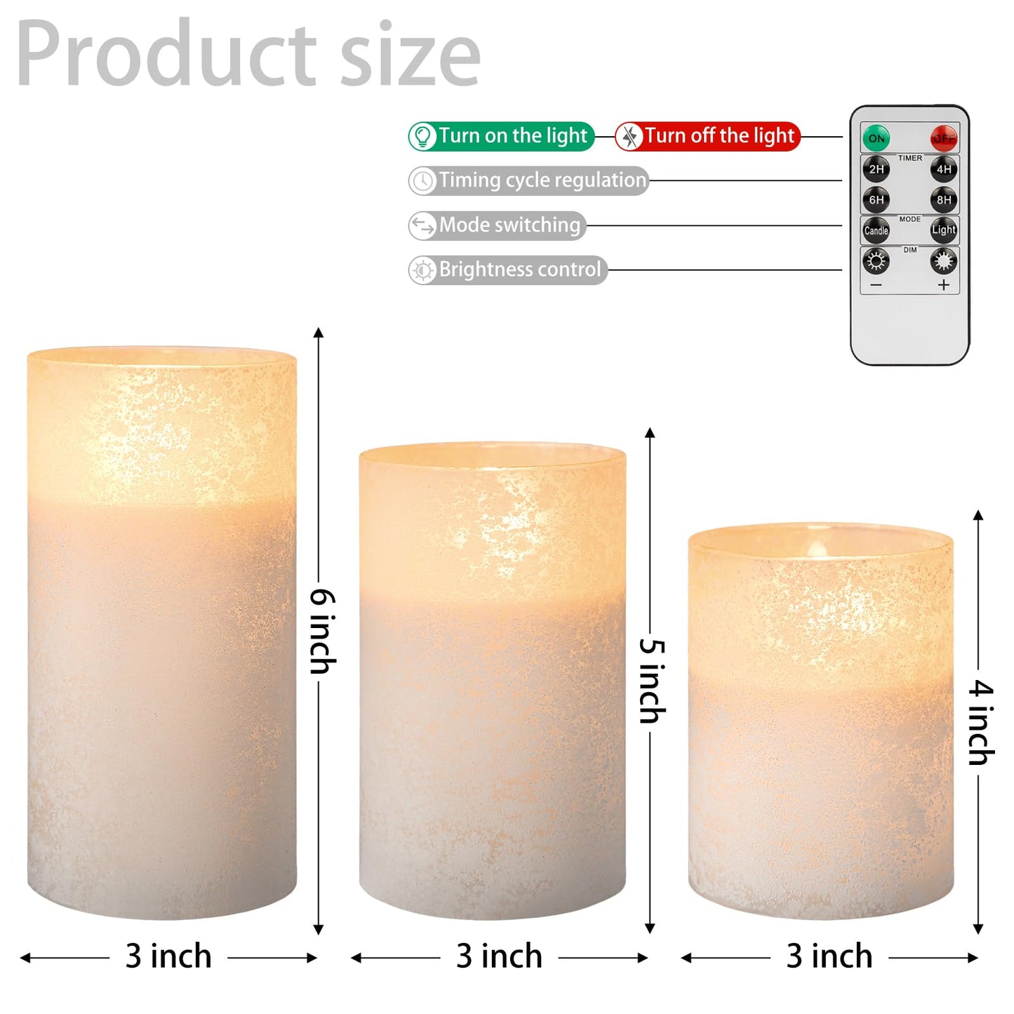 HJANDHJ Flickering Flameless Candles with Remote, Battery Operated Candles with Timer, Sandblasted Glass LED Pillar Candles for Christmas/Home Decorations(White,Set of 3)