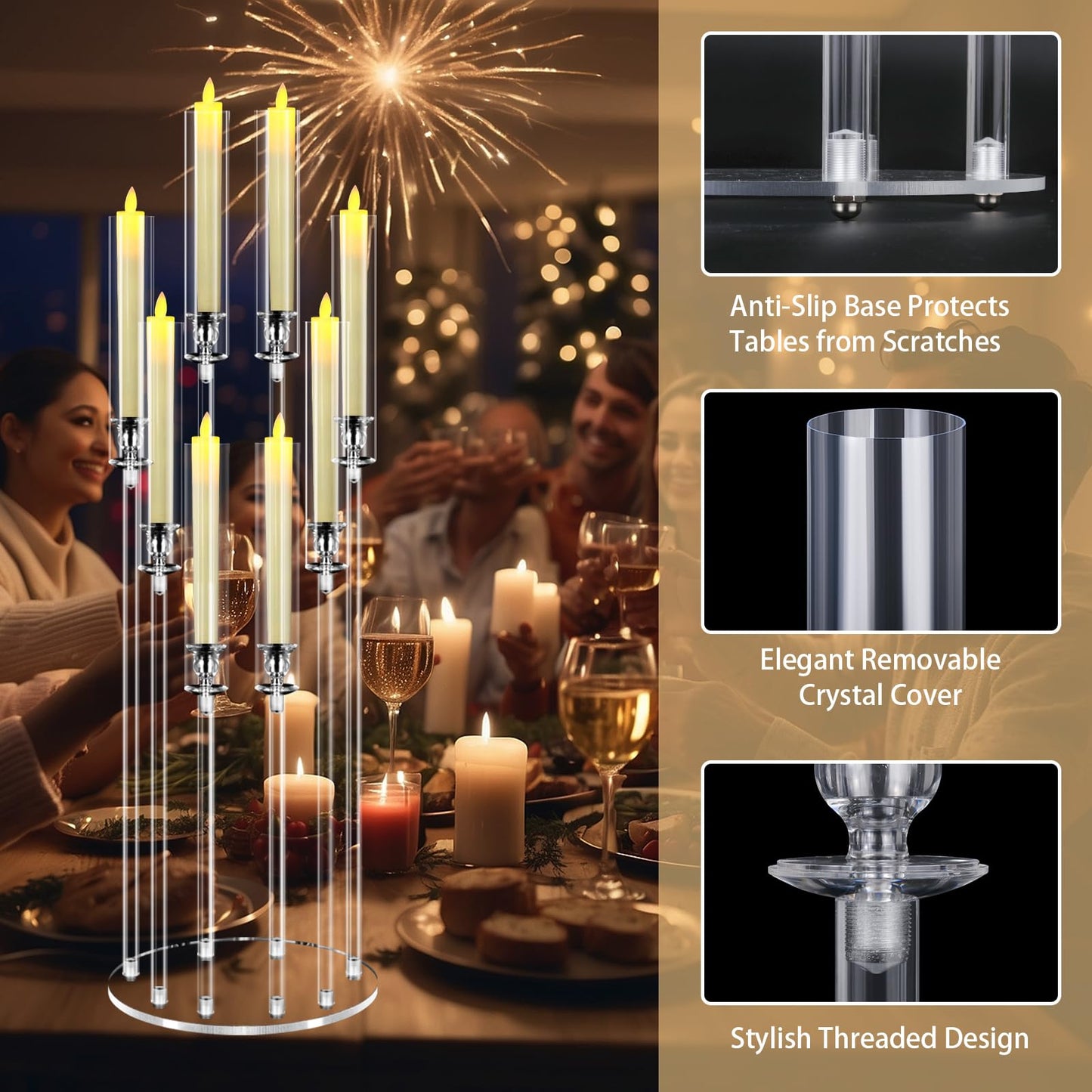 2Set 8 Arms Acrylic Candelabra Centerpieces for Tables Decortion,Clear Candle Holder for Wedding Dinner Fireplace Decoration and Home Decor,Candlesticks Holder with Lampshade Fits LED Candle