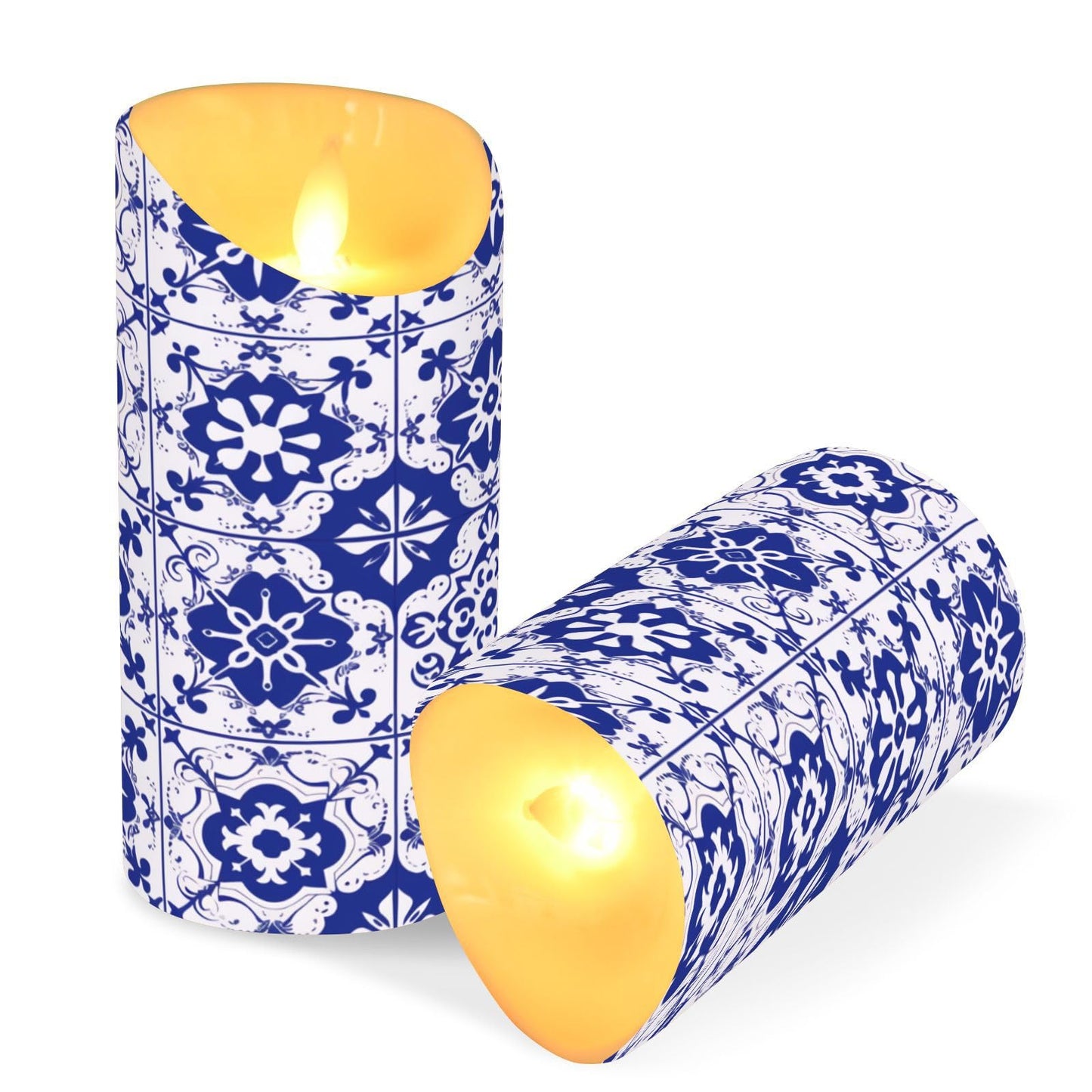 Gravopti Spanish Tiles 2 Pack Flameless LED Pillar Candles with Remote & Timer, Battery Operated, Flickering Wax Candle for Wedding, Romantic Home & Party Decor