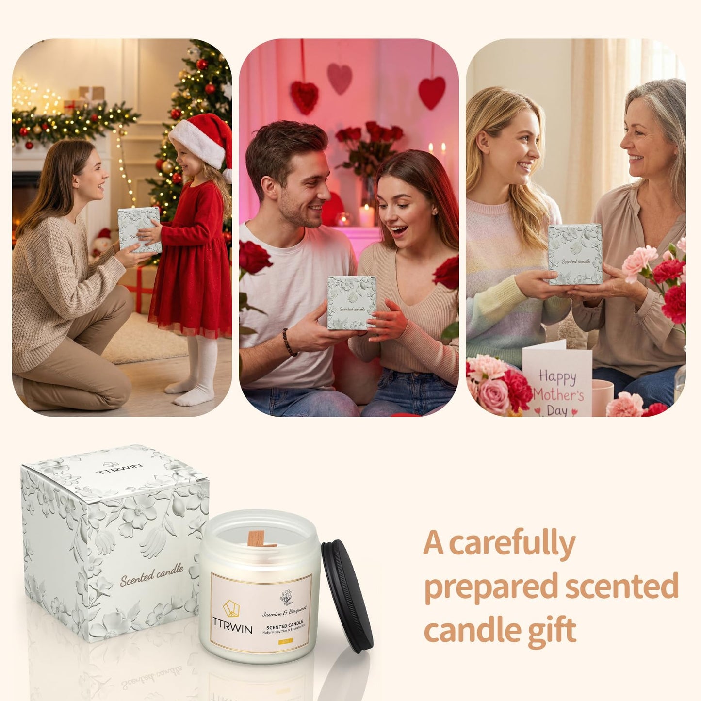TTRWIN Scented Candle Gifts for Women, 2 Wooden Wick Natural Soy Wax Jar Candles, Home Aromatherapy Candles for Cosy Living Room and Bedroom, Gifts for Christmas Birthday Mother's Day