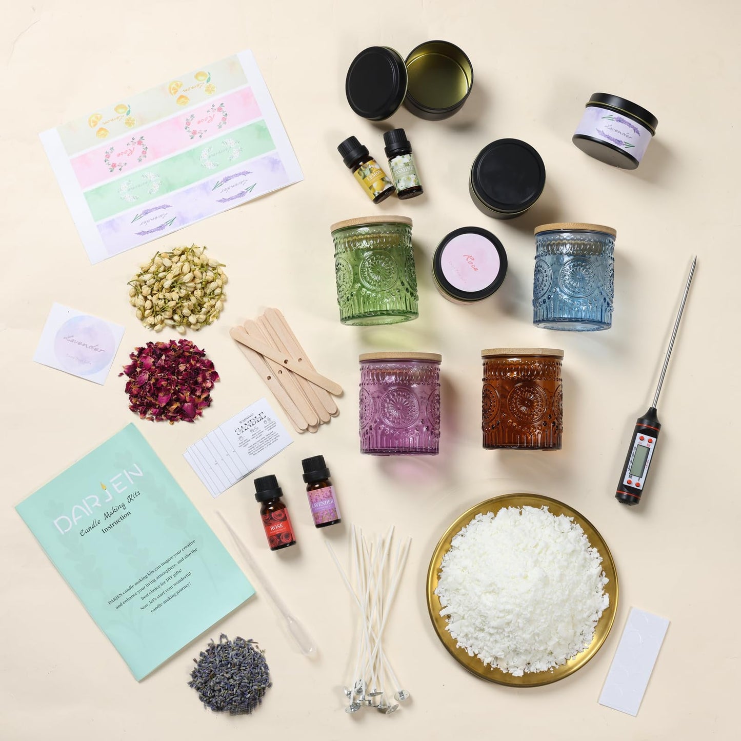 DARJEN Candle Making Kits - Soy Candles Making Supplies for Adults Including 4 Candle Jars(Amber, Purple, Blue, Green), Candle Tins, Wax, Scents, Dried Flower & More, DIY Arts & Crafts Kits Home Decor