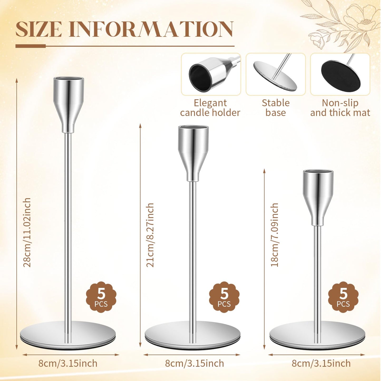FillTouch 30 Pcs Silver Candlestick Holders with Flameless LED Candles Bulk Includes 15 Metal Candle Holders and 15 Battery Operated Taper Candles for Wedding Valentines Table Centerpieces Home Decor