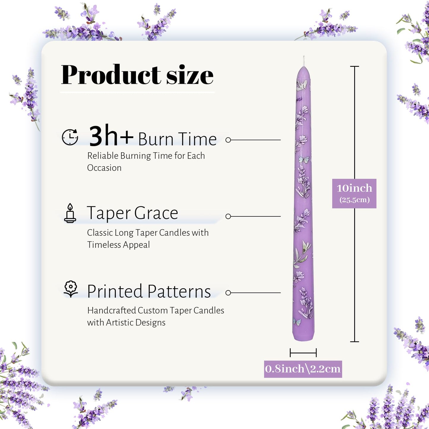 Taper Candles 10 Inch Print Candle Handmade Unscented Lavender Long Candles 2 Pack Twisted Candlesticks for Wedding Home Decoration Gifts