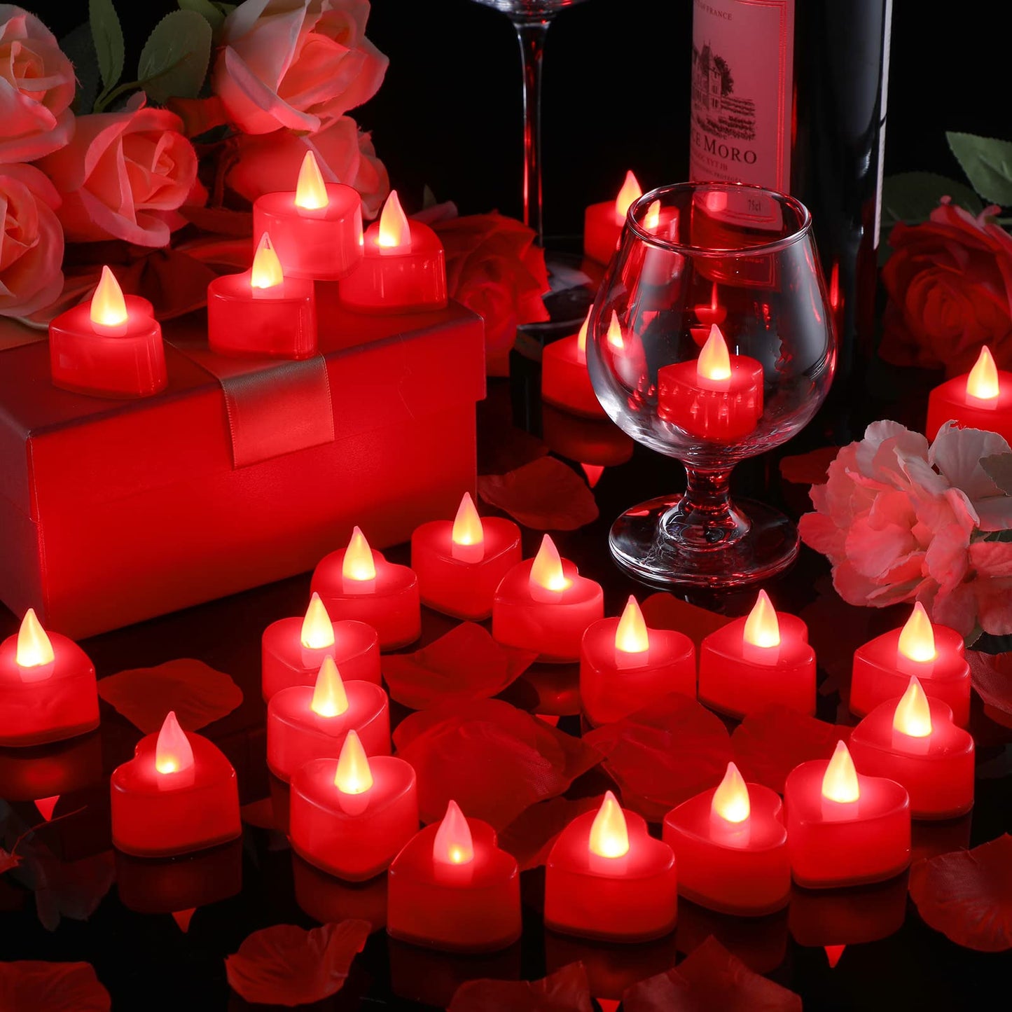 Coume 6000 Pieces Artificial Rose Petal 72 Pieces LED Tealights Candle, Romantic Decorations Special Night Rose Petal Heart Candle for Valentines Wedding Anniversary Proposal Decor(Red Light)